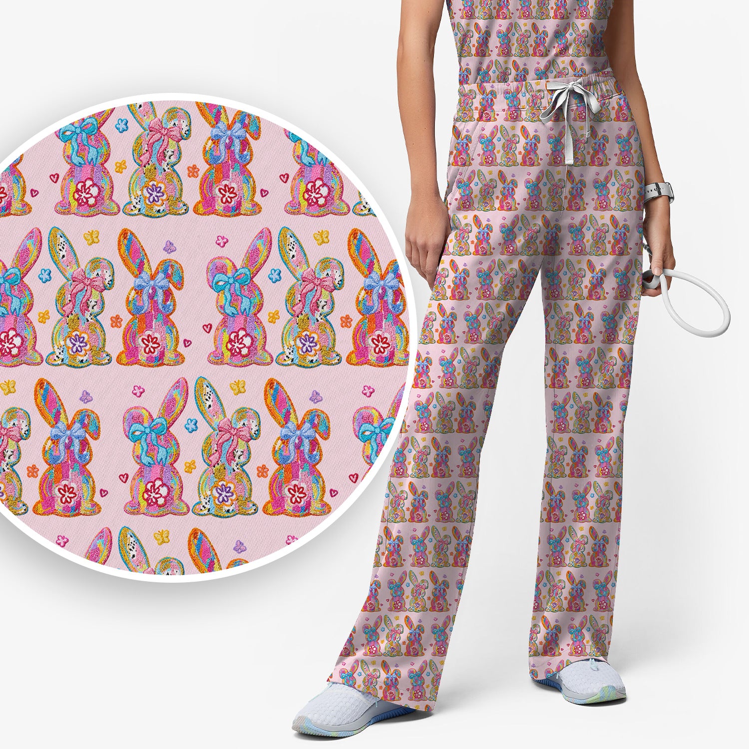 Cute Pastel Bunny Floral Pattern Scrub Set, Breathable Med Uniform
