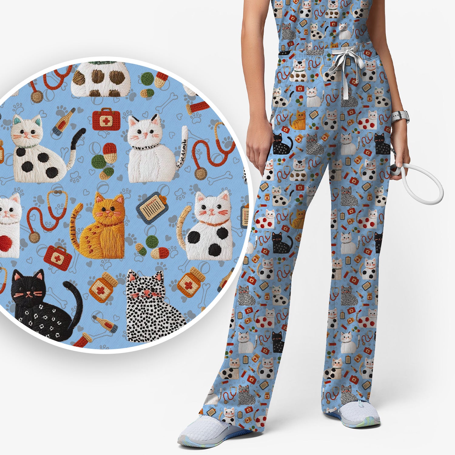 Cute Cat Scrub Set – Funny Veterinary Pattern Medical Shirt – Pet Lover Uniform For RN, LPN, CNA, and Vet Staff