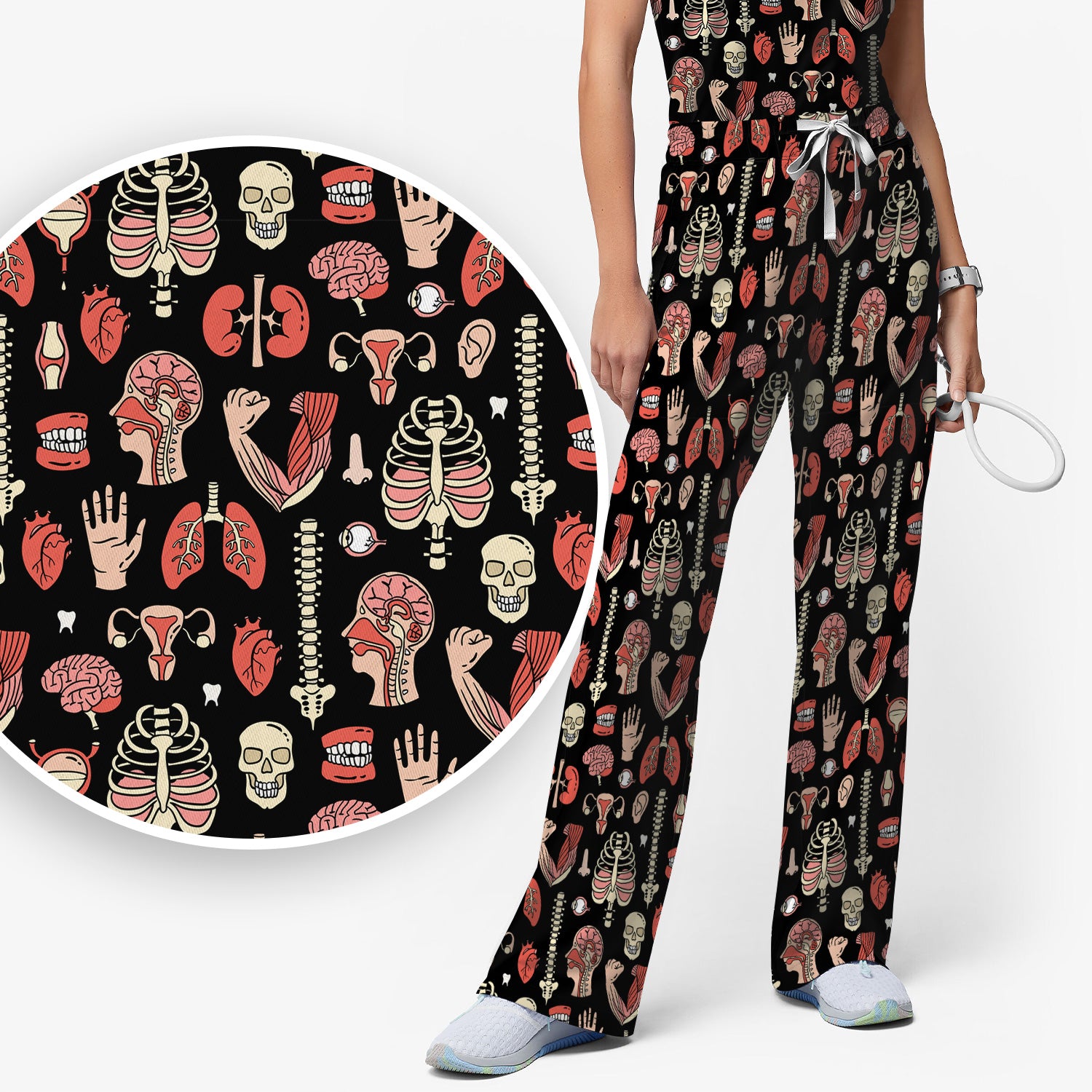 Human Anatomy Body Parts Pattern Scrubs Sets, Breathable Med Uniform