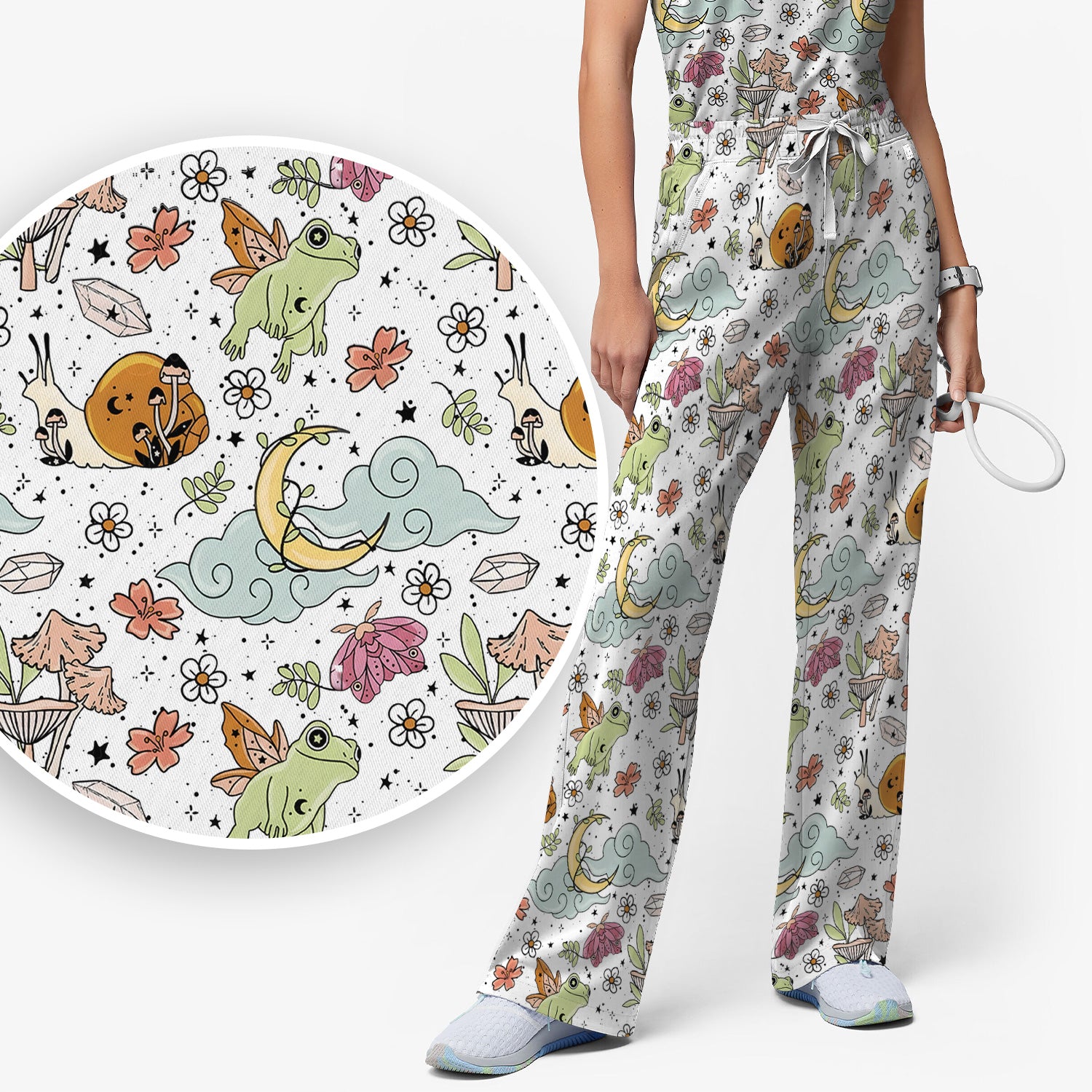 Whimsical Frog Moon Mushroom Pattern Scrub Set, Fantasy Nature Print, Breathable Med Uniform