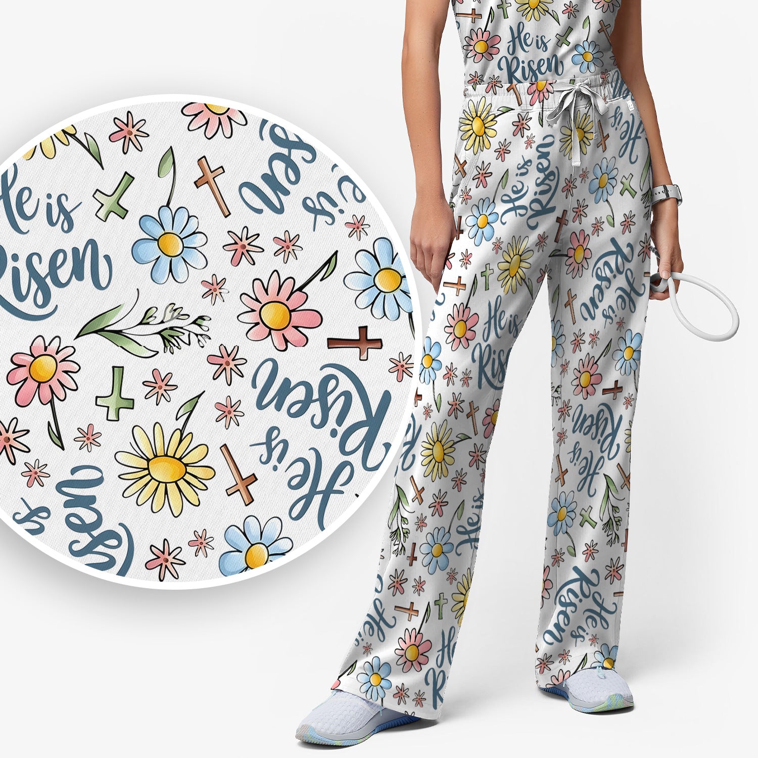 He Is Risen Cross Flower Pattern Scrub Set, Nurse Uniform Scrubs Set