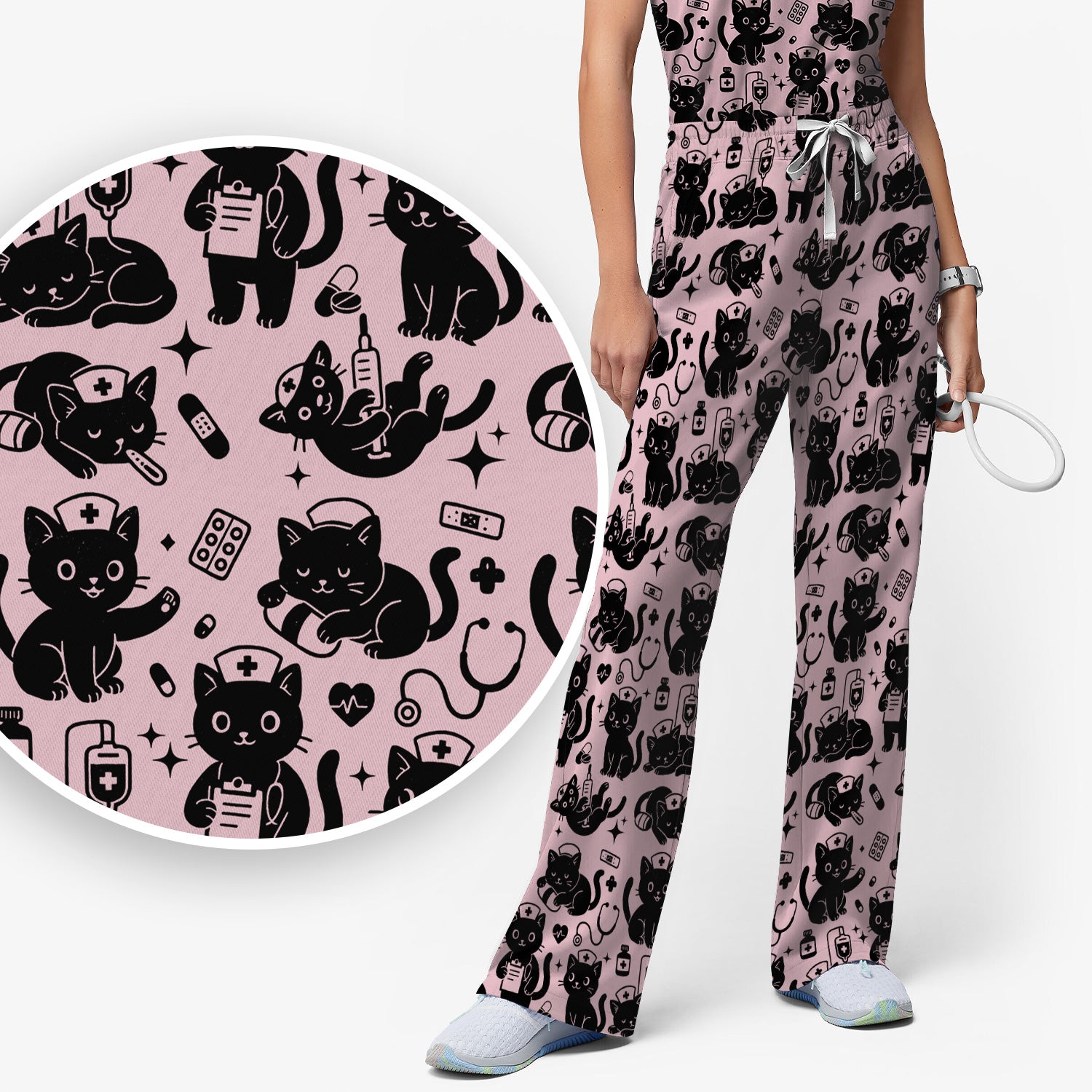 Cute Black Cat Nurse Pattern Scrub Set, Breathable Med Uniform