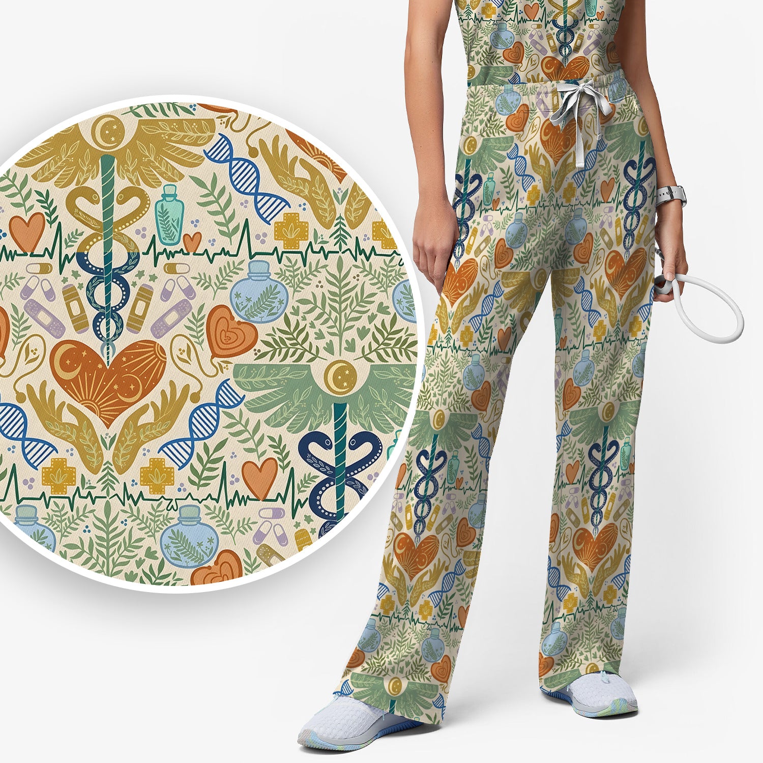 Inspirational Botanical Medical Caduceus Heart Nurse Pattern Scrub Set, Breathable Med Uniform