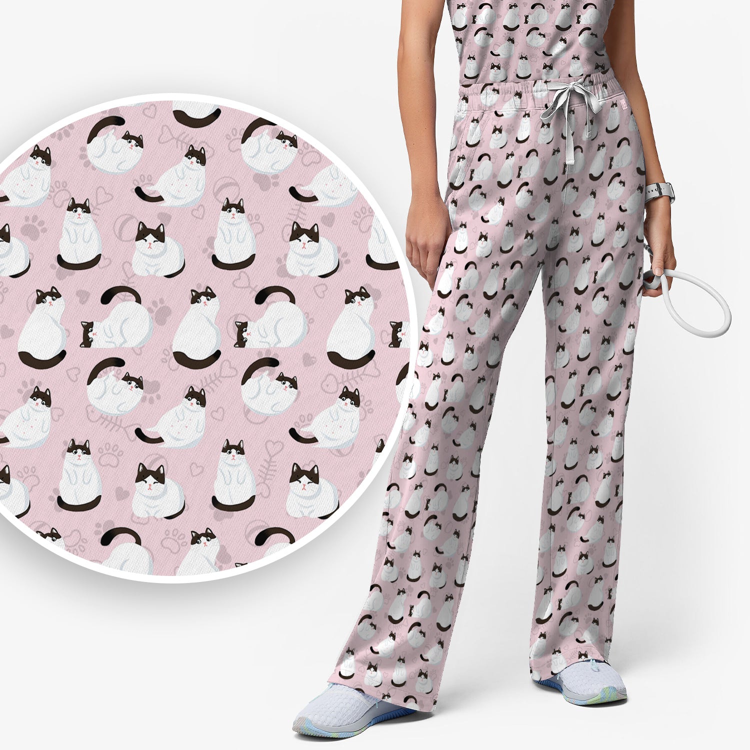 Cute Cat Pattern Medical Scrub Set, Breathable Fabrics Nursing Uniform