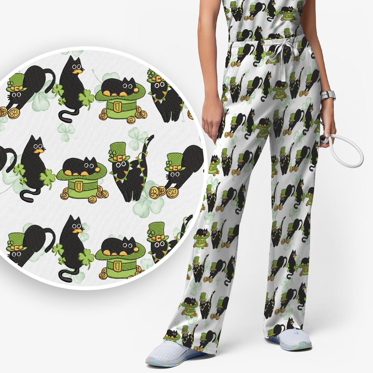 St. Patrick Black Cat Clover Print Women's Scrub Set, Breathable Med Uniform