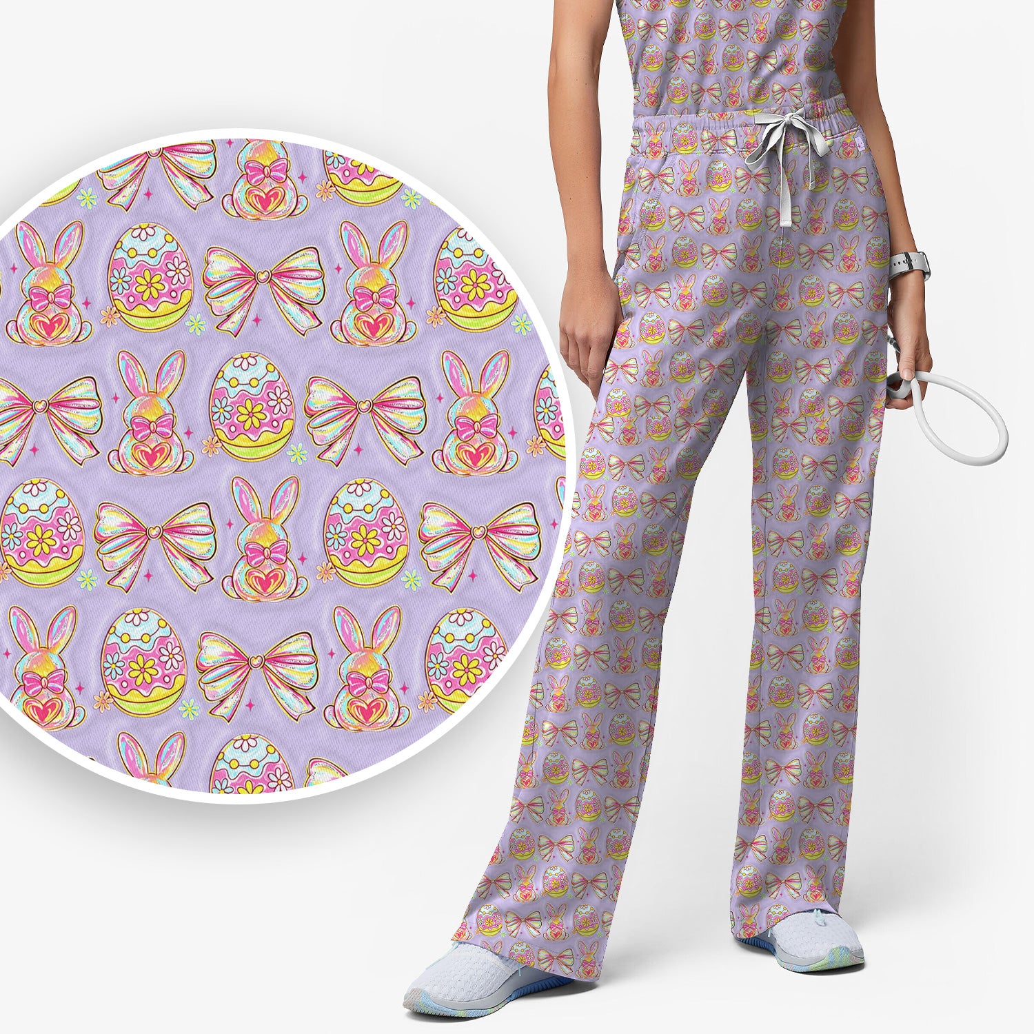 Easter Bunny Pastel Egg Bow Pattern Scrub Set, Breathable Med Uniform