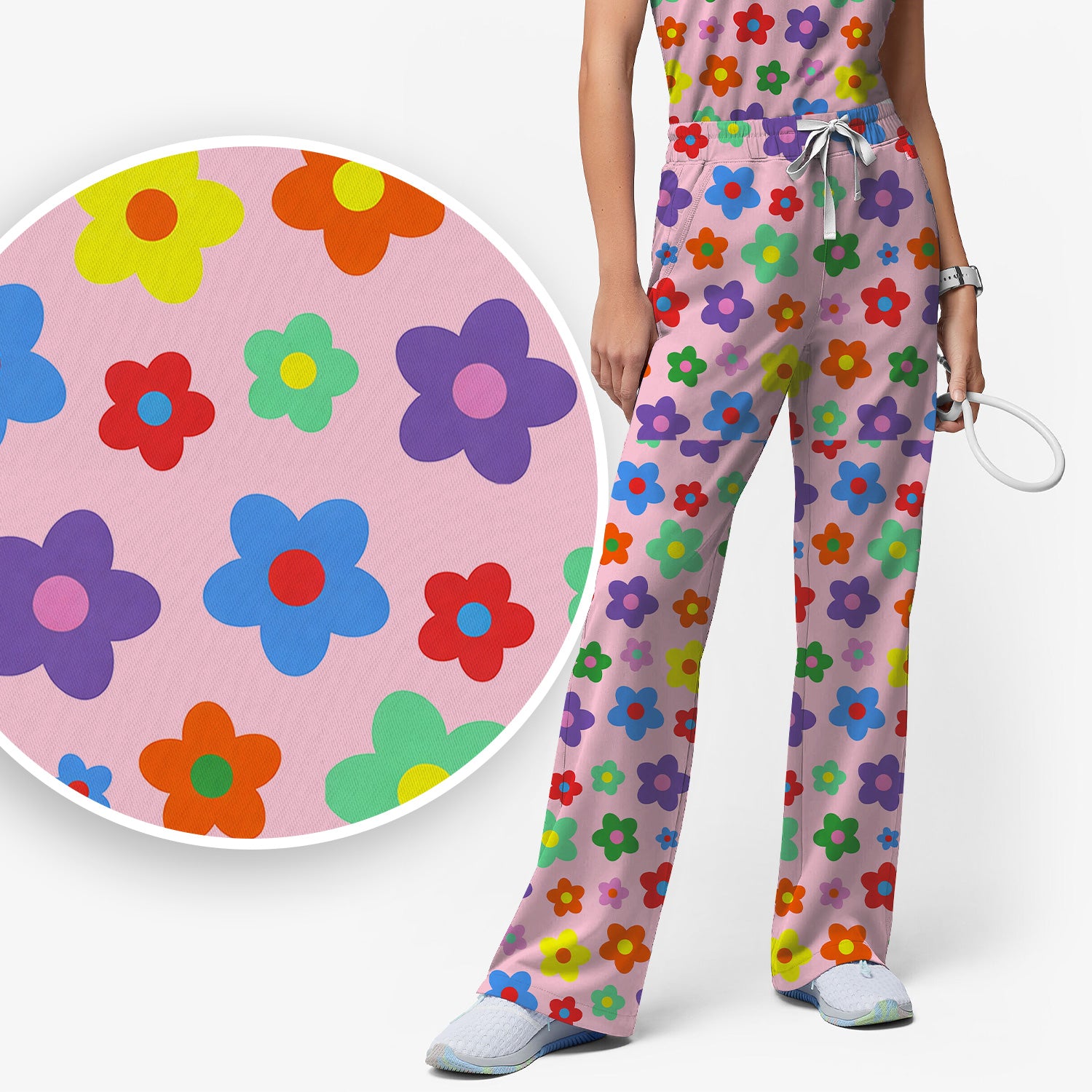 Colorful Retro Flower Pattern Print Scrub Set, Scrub Pants and V Neck Top