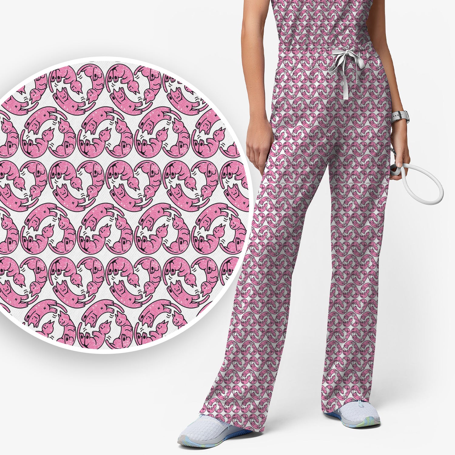 Cute Pink Cat Cartoon All Over Print Set, Women’s Scrub Sets