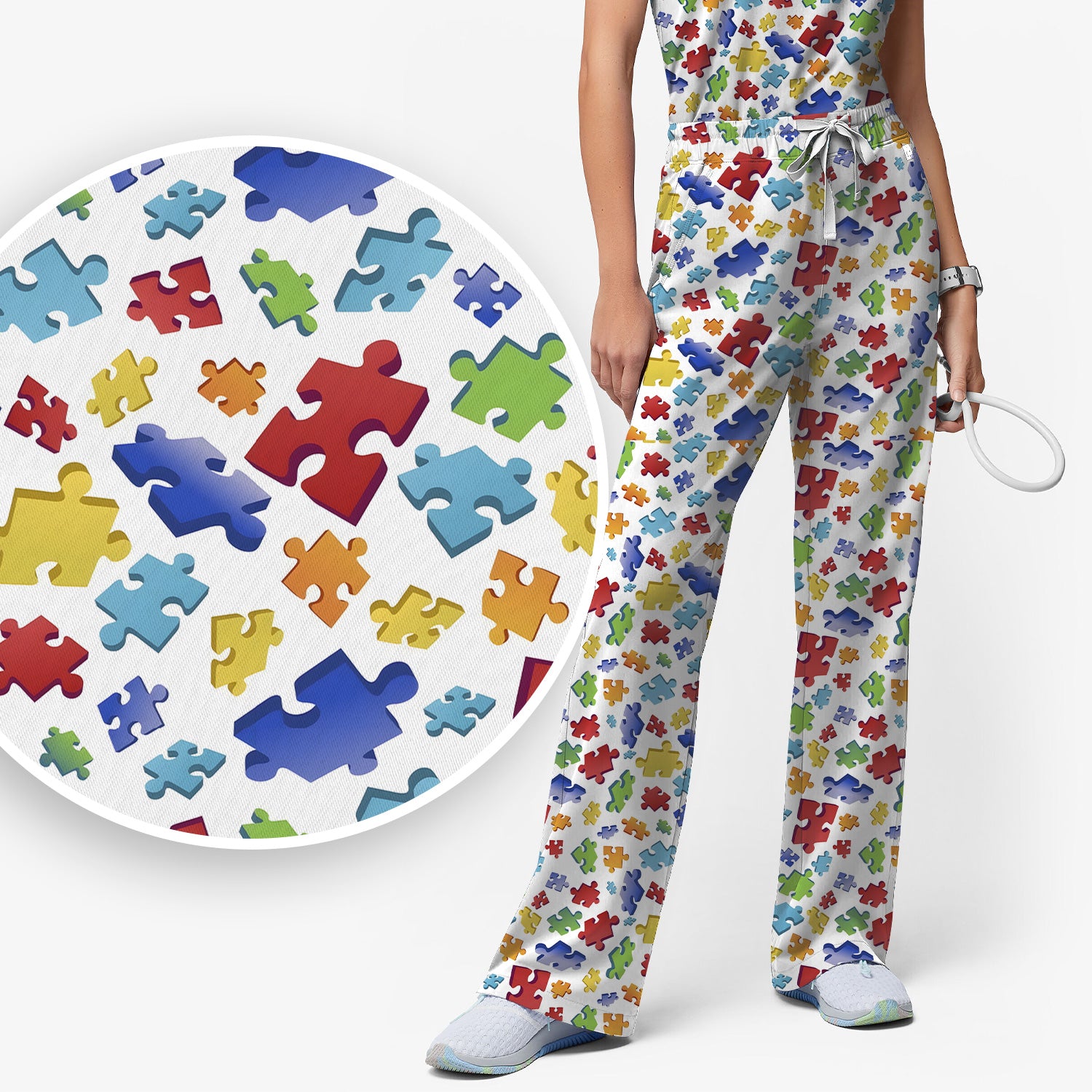 Colorful Scattered Puzzle Piece Pattern Print Scrub Set, Scrub Pants and V Neck Top