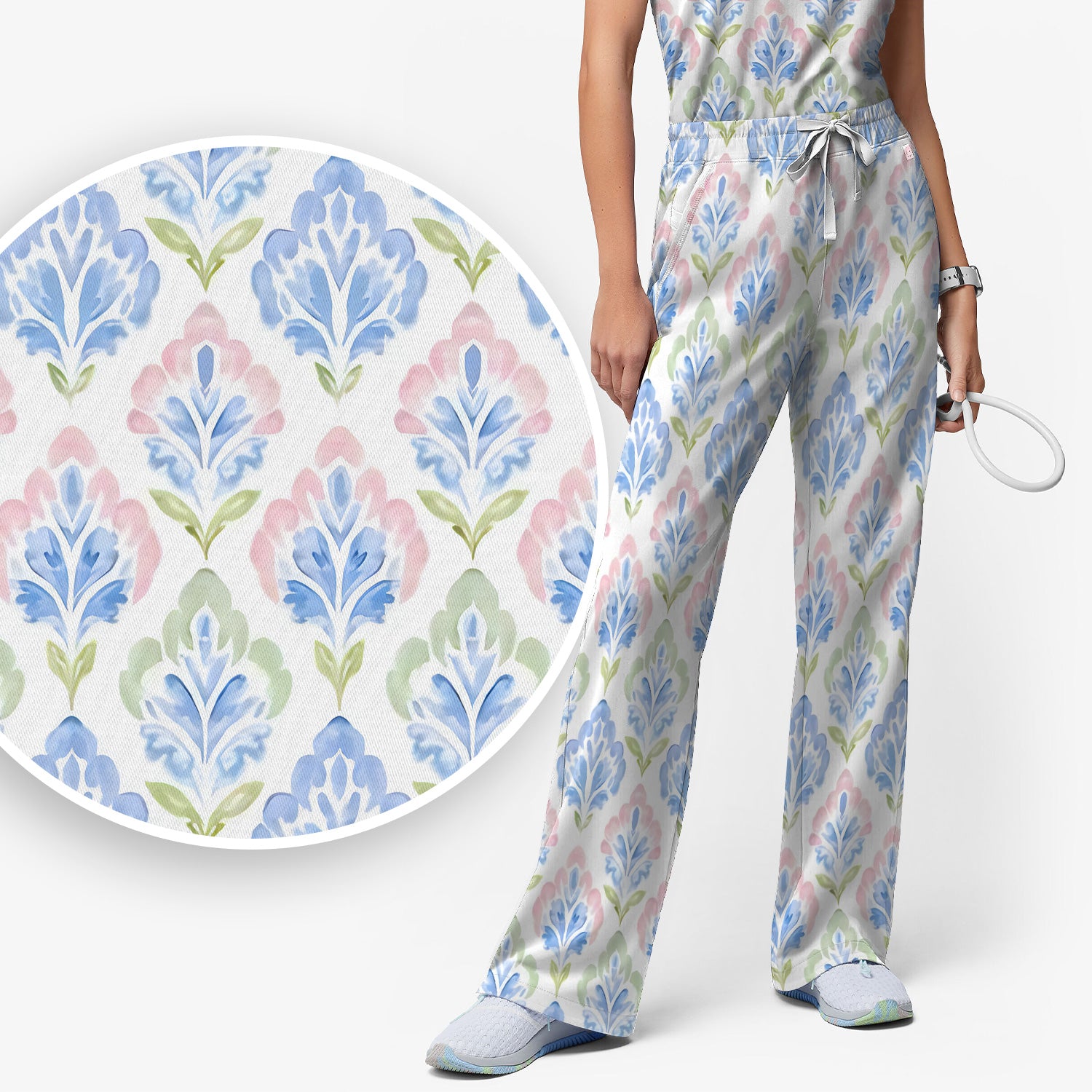 Blue Floral Damask Pattern Scrub Set, Women's Scrub Sets