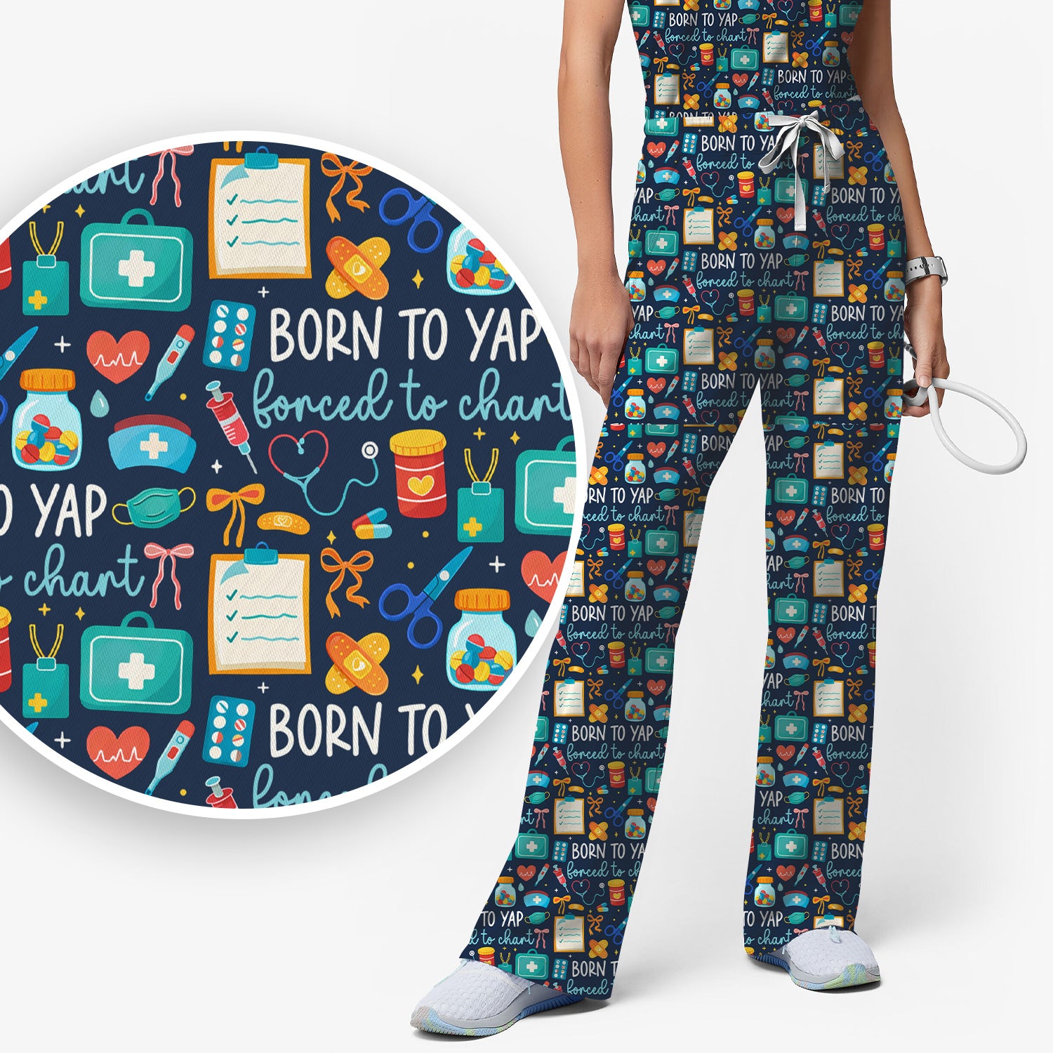 Born To Yap Medical Tools Pattern Scrub Set, Scrub Pants and V Neck Top