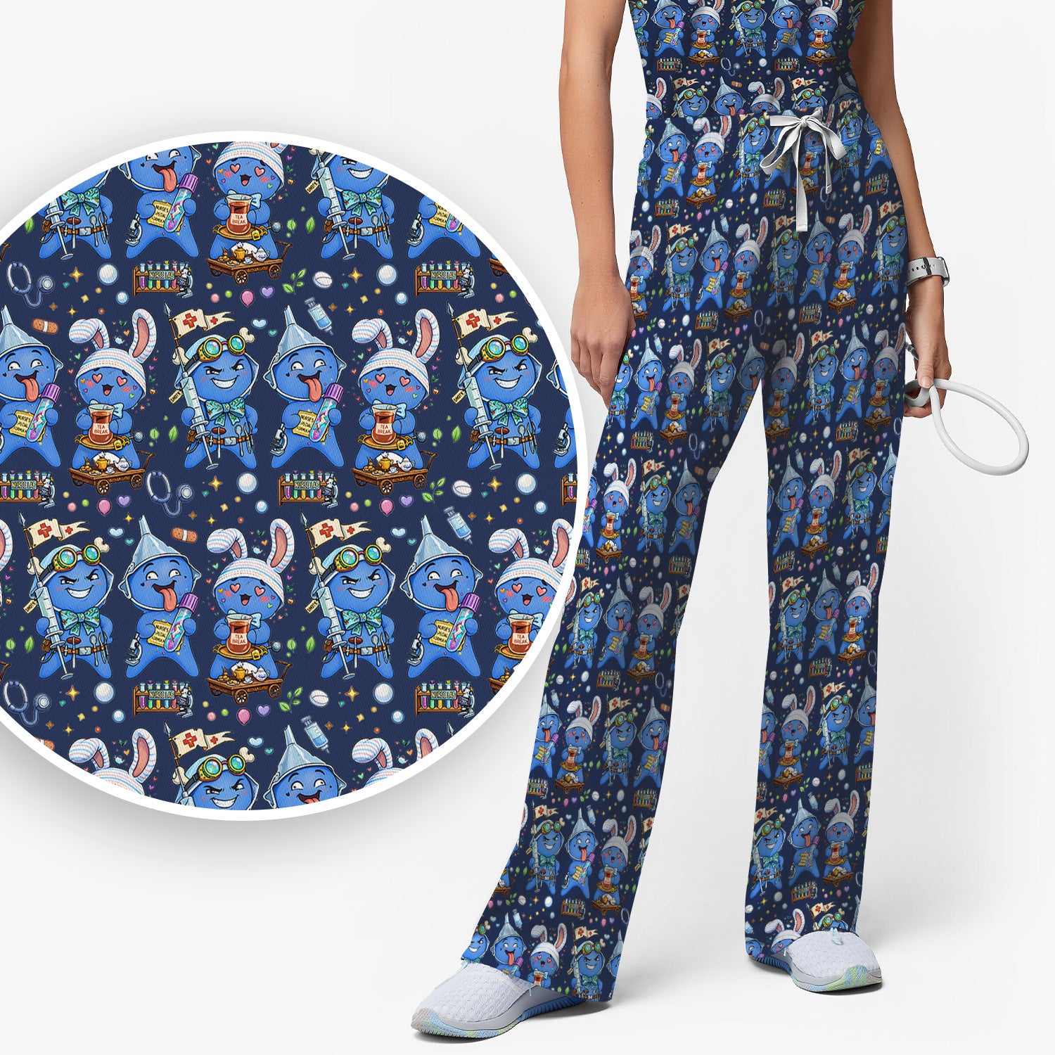 Cute Glove Doll Hospital Medical Cartoon Nurse Pattern Scrub Set, Women's Scrub Sets