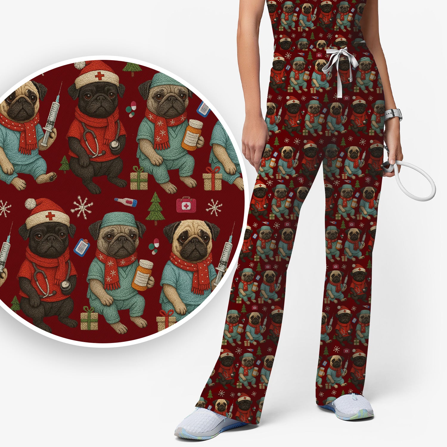 Christmas Pug Nurse Scrub Set, Cute Holiday Dog Medical Uniform Shirt For Nursing