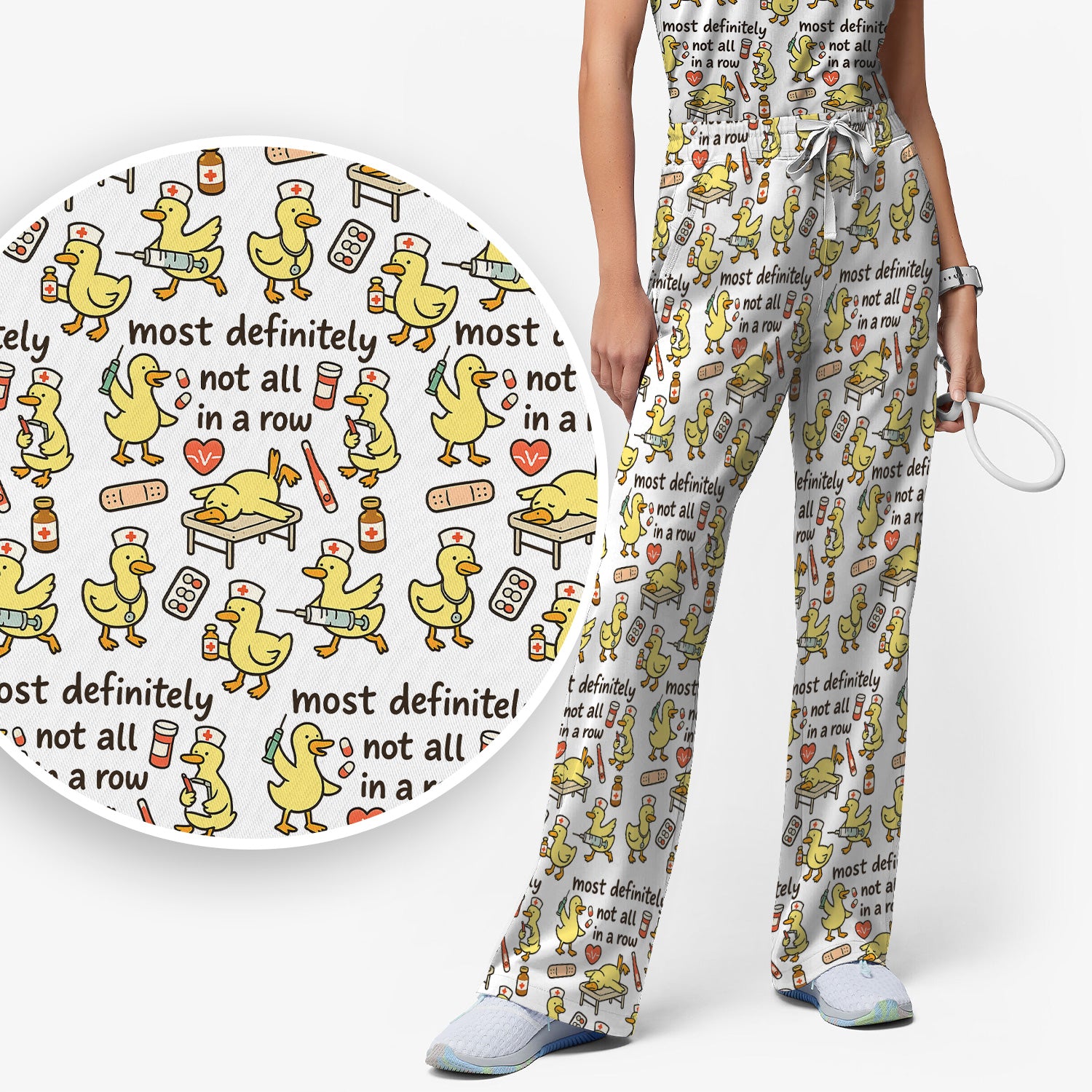 Funny Nurse Duck Medical Humor Pattern Scrub Set, Scrub Pants and V Neck Top