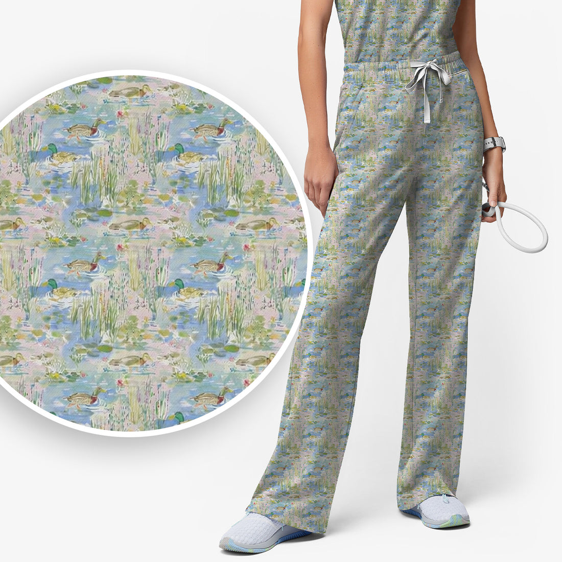 Ducks in Pond Nature Print Scrub Set, Scrub Pants and V Neck Top