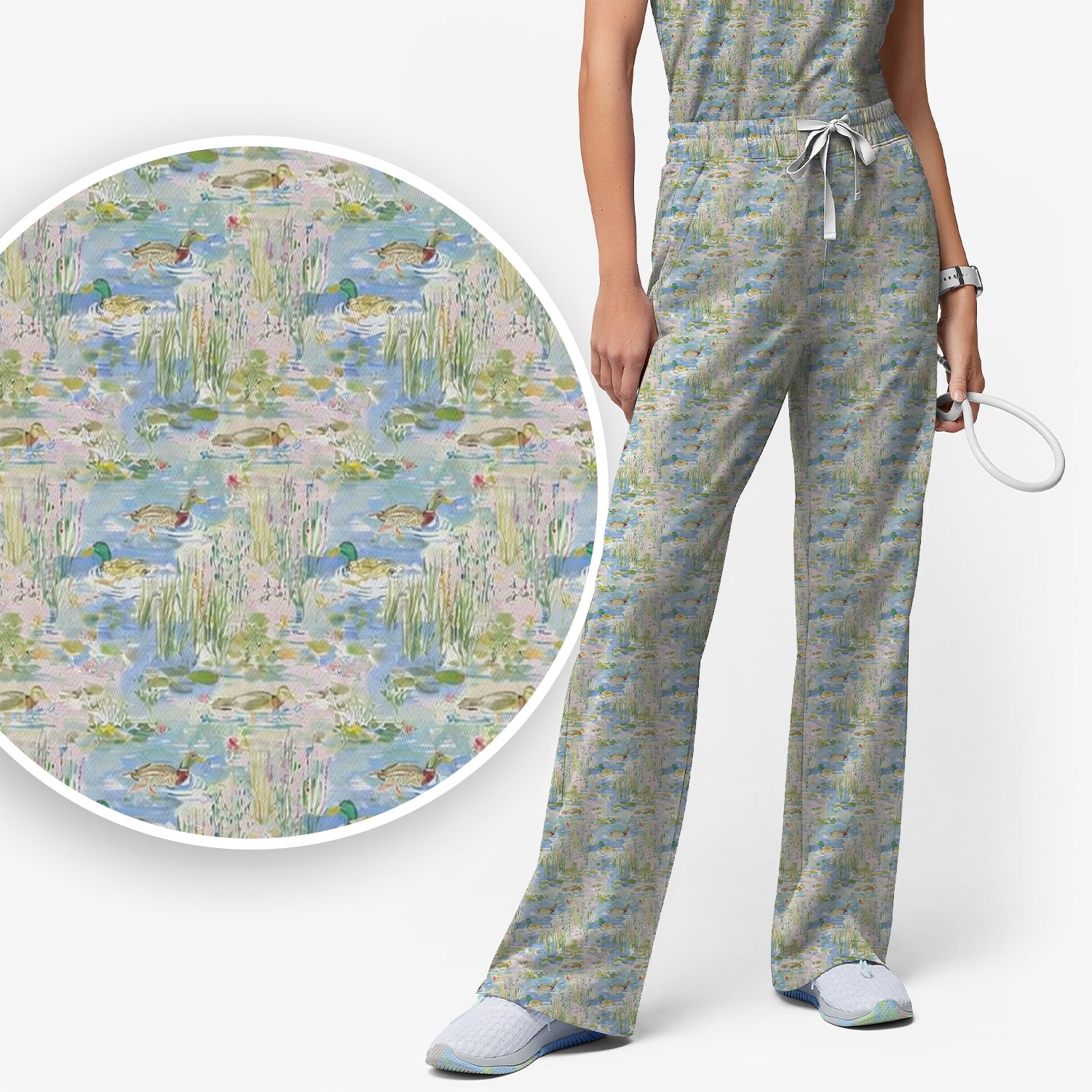 Ducks in Pond Nature Print Scrub Set, Scrub Pants and V Neck Top