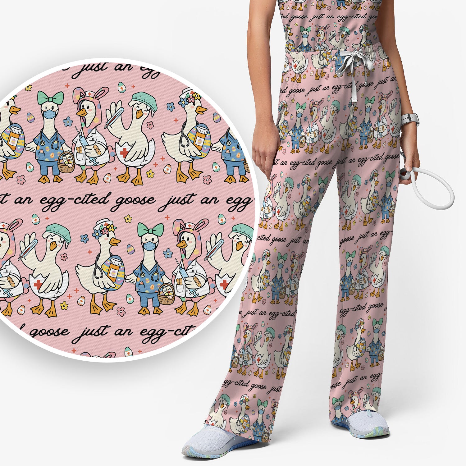 Funny Easter Nurse Goose Pattern Scrub Set, Scrub Pants and V Neck Top