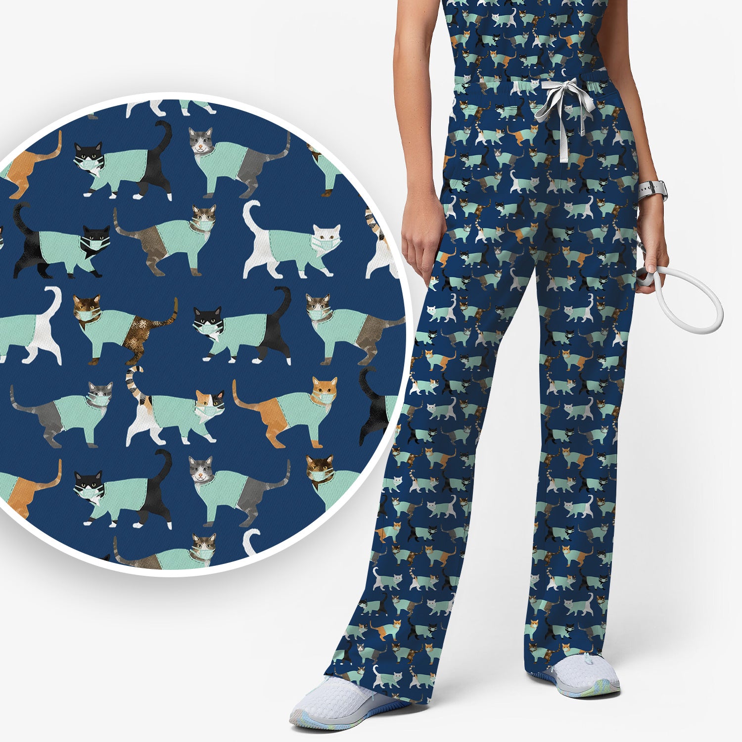 Playful Cat Nurse All Over Print Scrub Set, Scrub Pants and V Neck Top