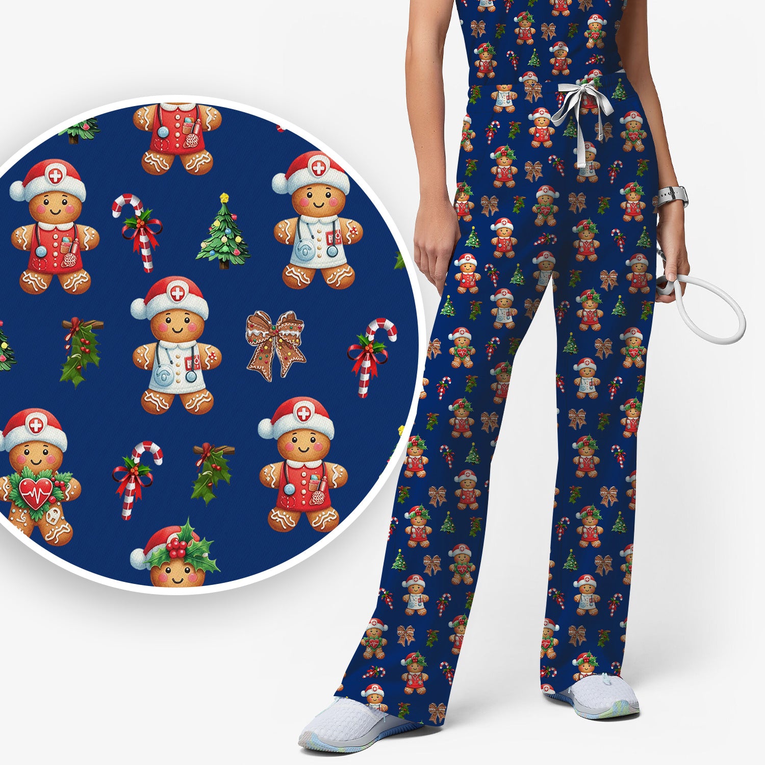 Funny Christmas Scrub Set for Nurse - Adorable Gingerbread Candy Cane Bow- Festive Medical Uniform for Women