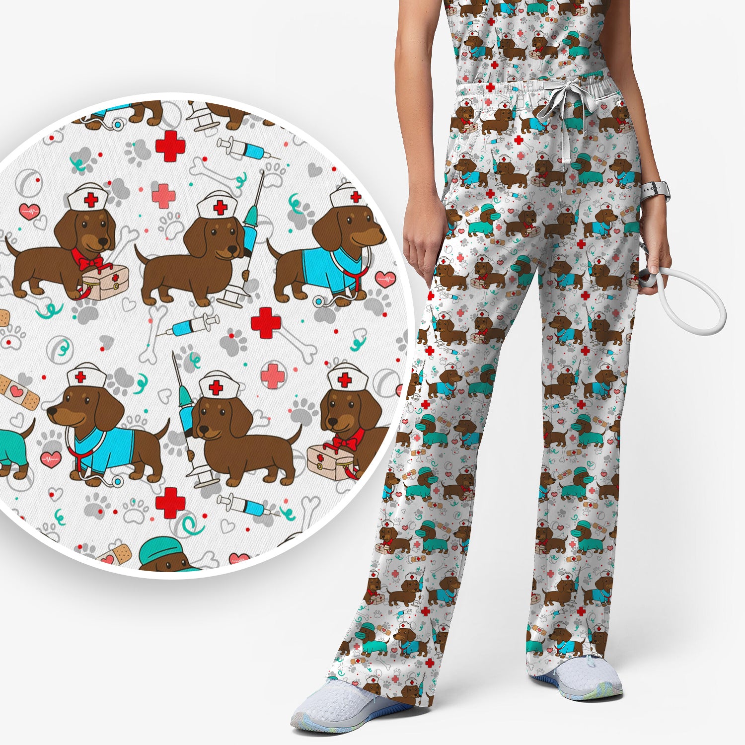 Cute Wiener Dog Dachshund Nurse Scrub Set, Funny Dachshund Dog Scrubs Shirt, Breathable Fabrics Nursing Uniform