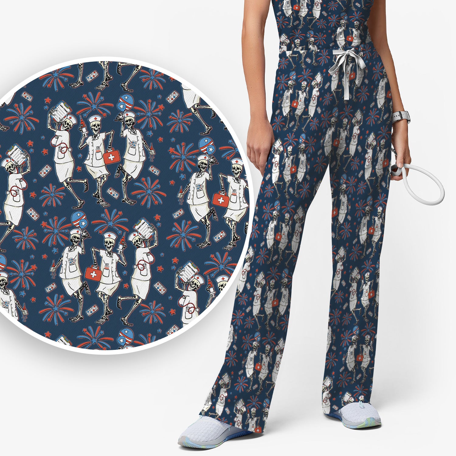 Funny Skeleton Nurse Patriotic Print Scrub Set, Scrub Pants and V Neck Top