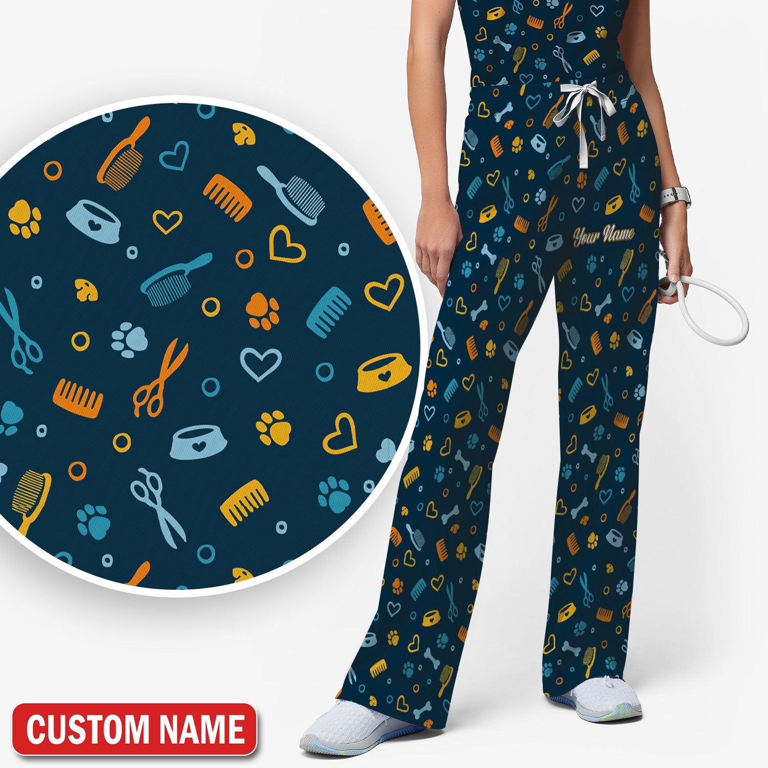 Custom Name Dog Cat Grooming Pattern Scrub Set, Scrub Pants and V Neck Top