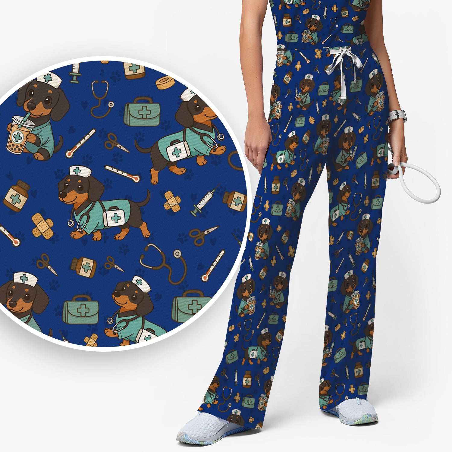 Funny Dachshund Nurse Scrubs Set - Cute Dog Print Medical Shirt - Holiday Nurse Scrub Top Gift for RN CNA Doctor, Women & Men
