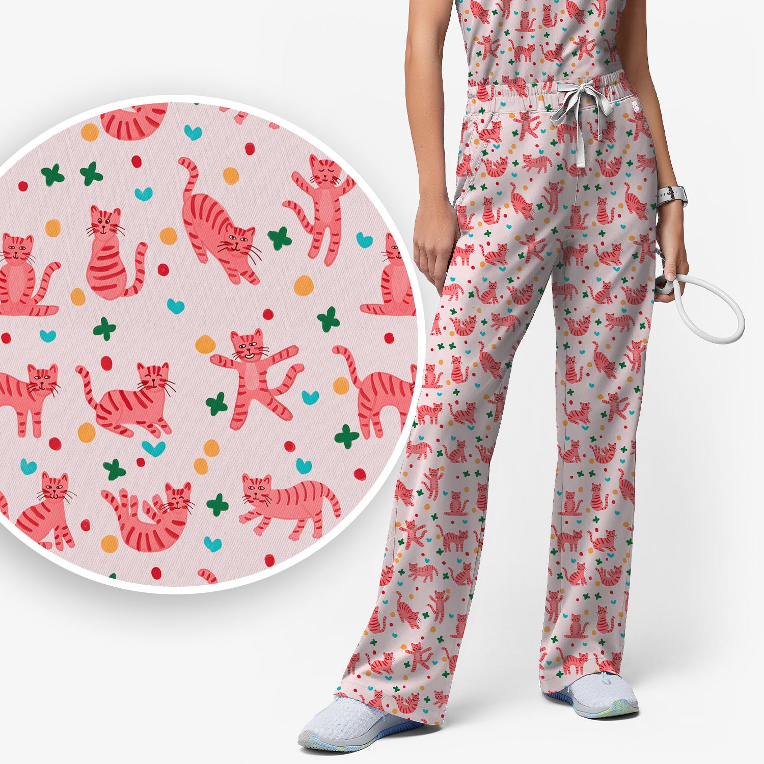 Cute Pink Cat Pattern Women's Scrub Sets, Scrub Pants and V Neck Top