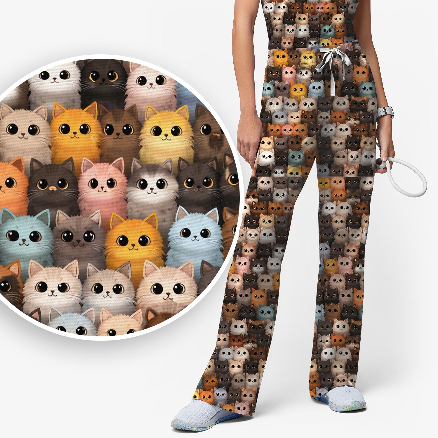 Cute Colorful Cat Pattern Scrub Set, Clinic Work Pants and V Neck Top