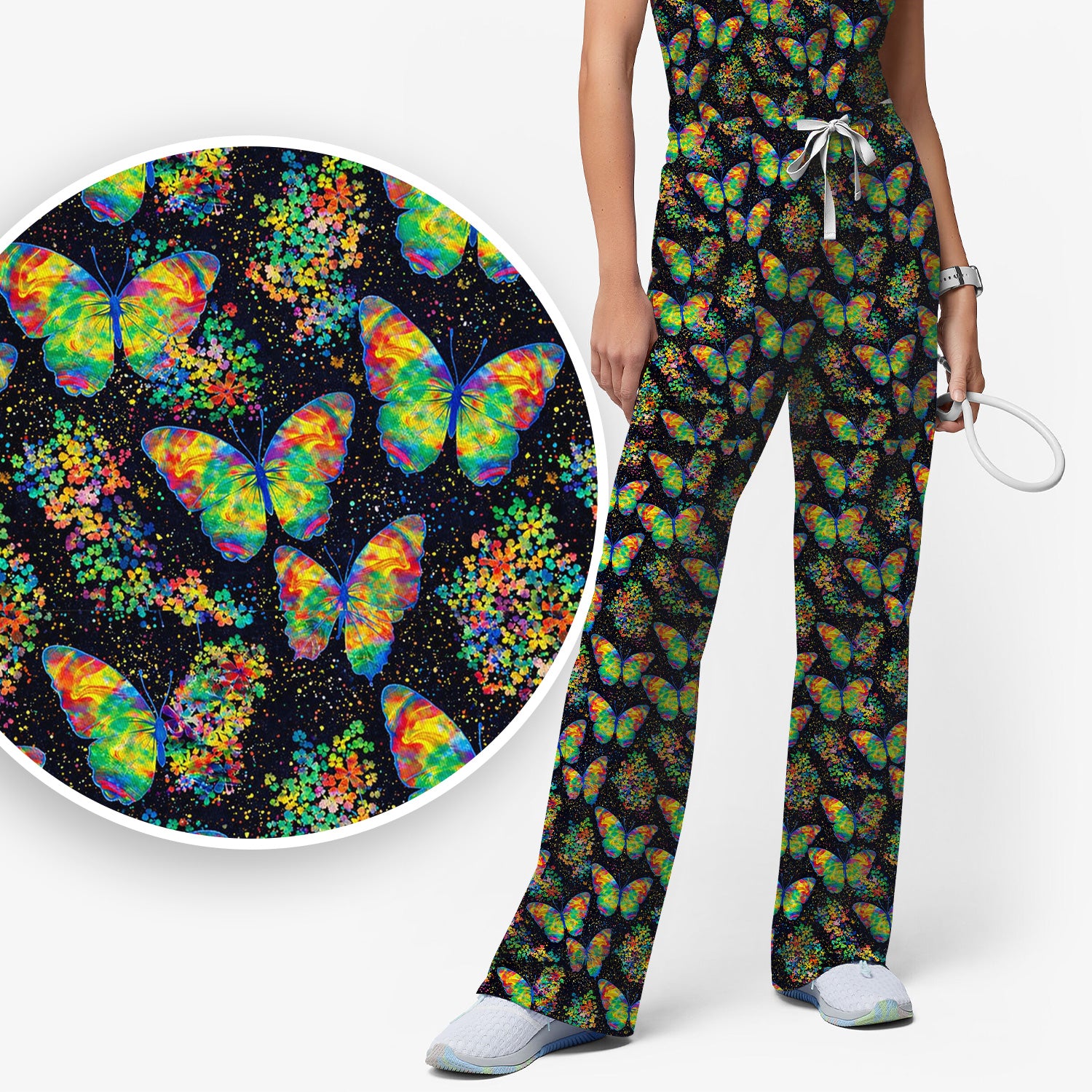 Rainbow Butterfly Galaxy Print Scrub Set, Scrub Pants and V Neck Top