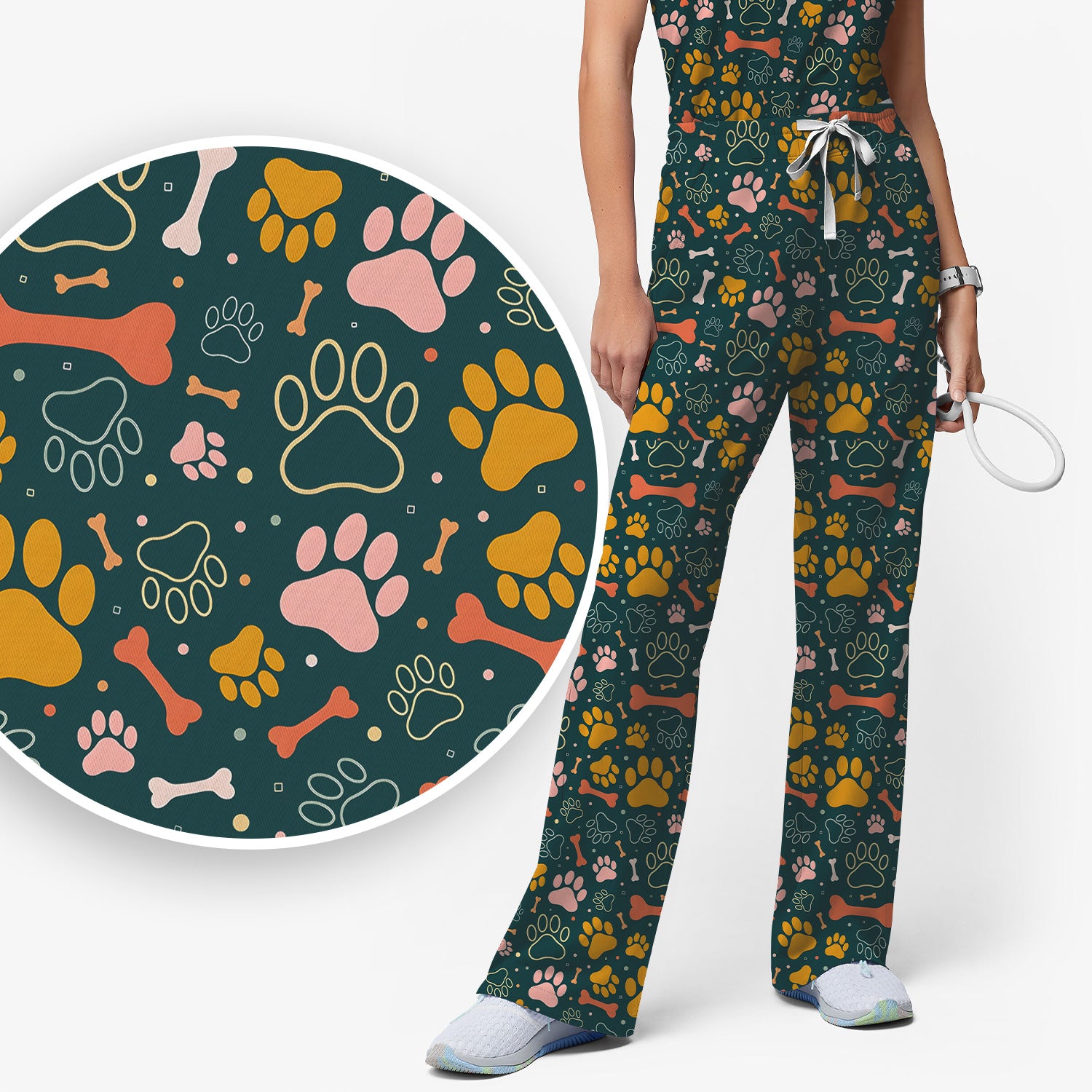 Cute Paw Print Dog Pattern Scrub Set, Breathable Med Uniform