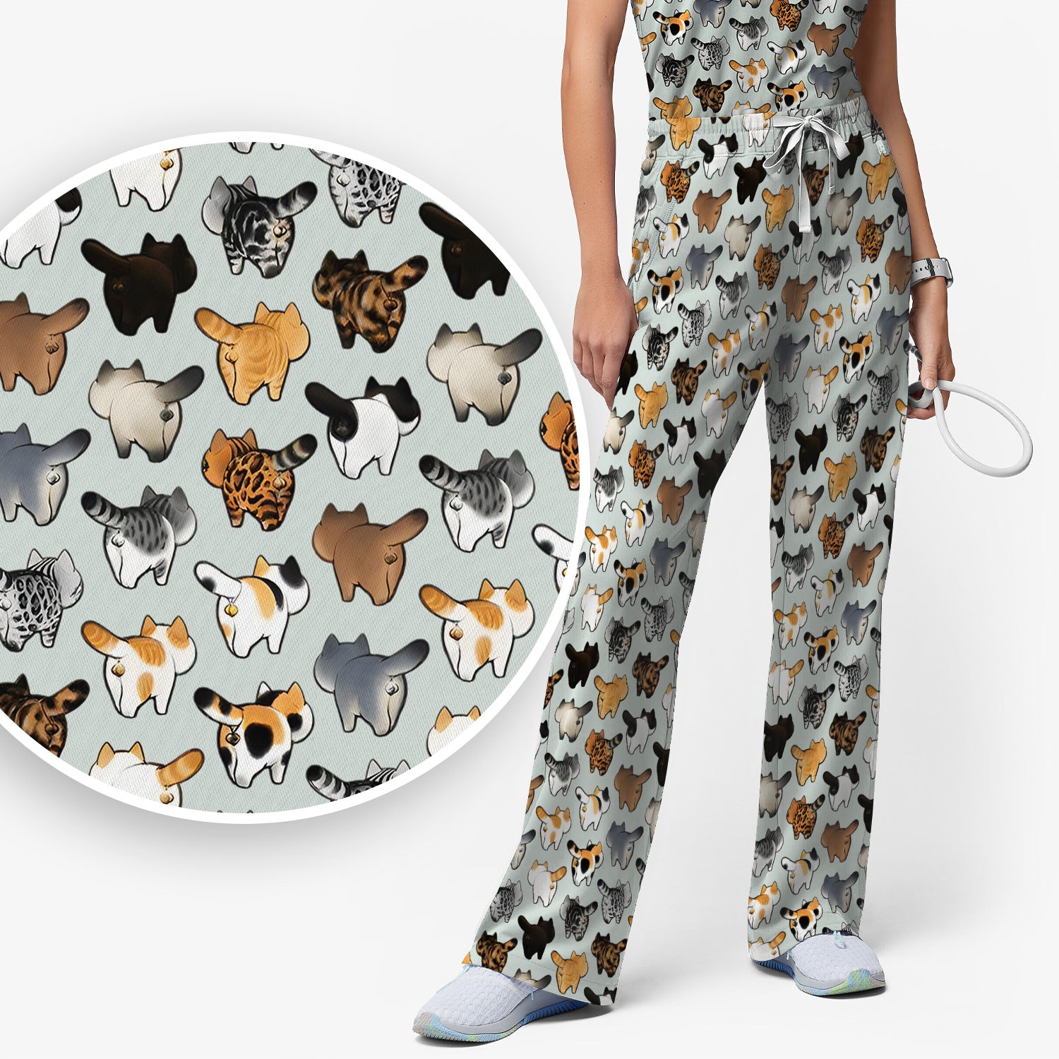Cat Butt Pattern Medical Scrub Set, Breathable Fabrics Nursing Uniform