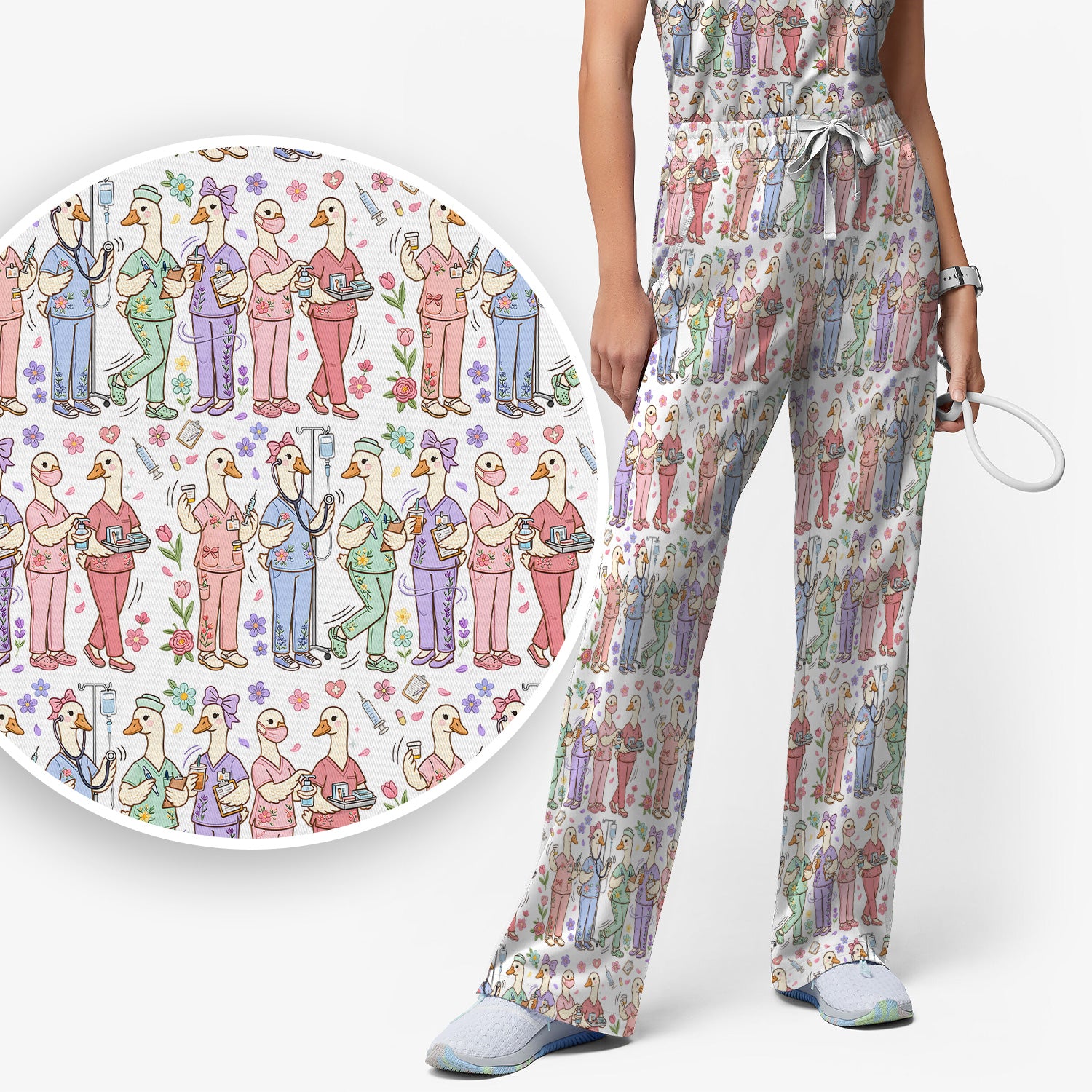 Goose Characters Floral Medical Team Uniform Pattern Scrub Set, Breathable Med Uniform
