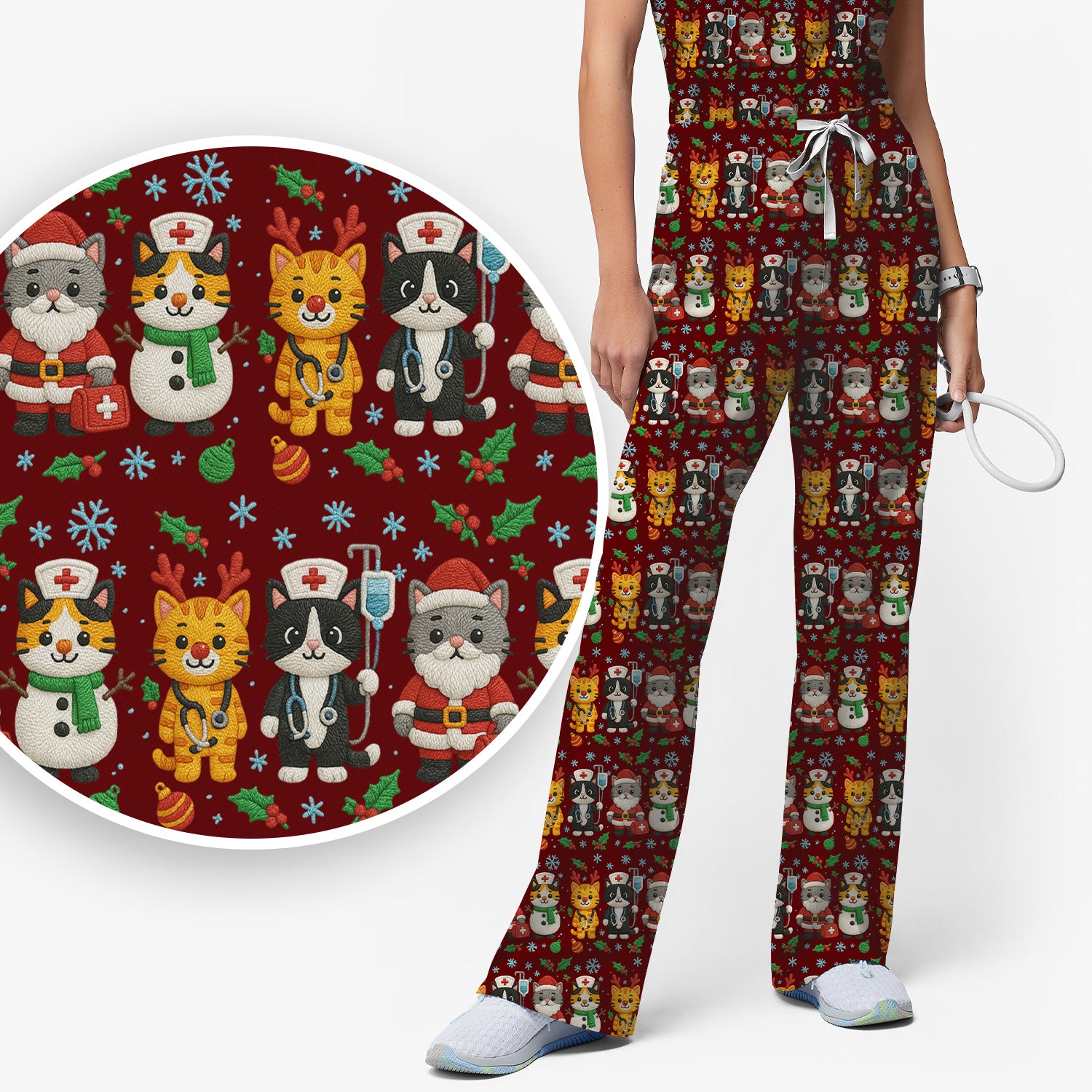 Christmas Cat Nurse Pattern Scrub Set, Cute Holiday Kitty Medical Uniform Shirt For Nursing