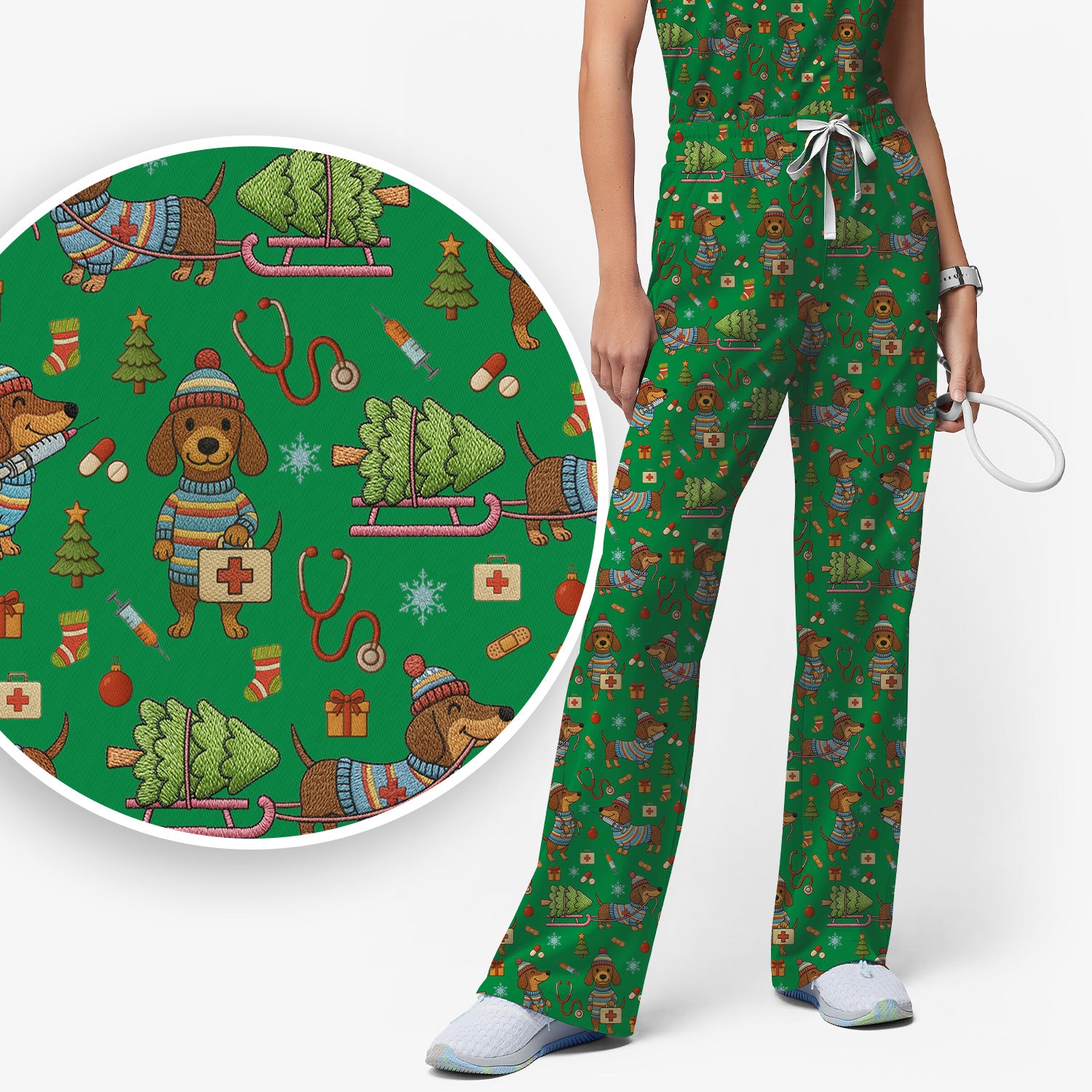 Dachshund Dog Scrub Set For Nurse, Funny Wiener Dog Lover Gift, Cute Dog 3D Knit Pattern Shirt