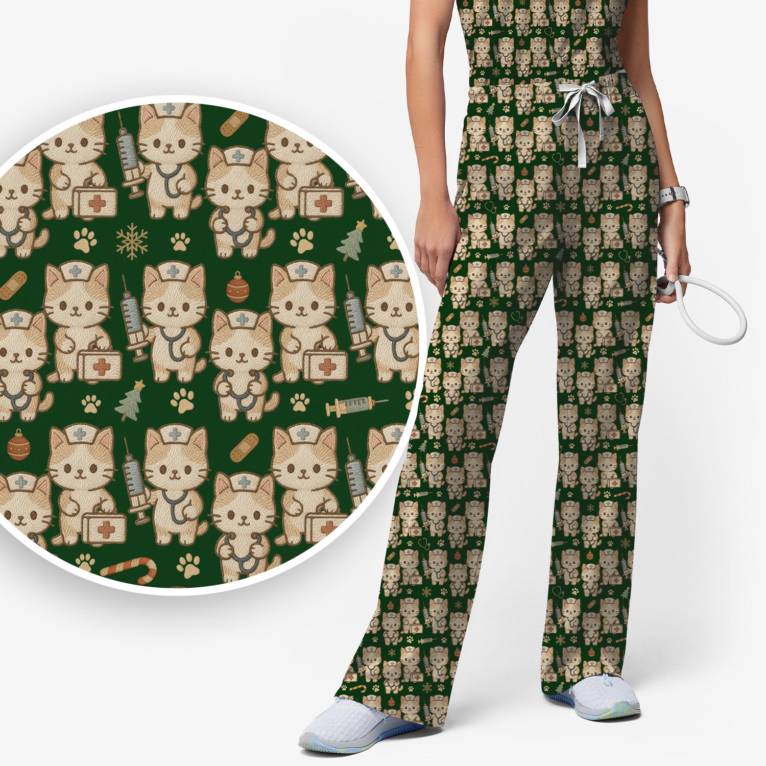 Cute Cat Nurse Christmas Scrub Set, Kawaii Kitty Medical Pattern Shirt, Breathable Fabrics Nursing Uniform