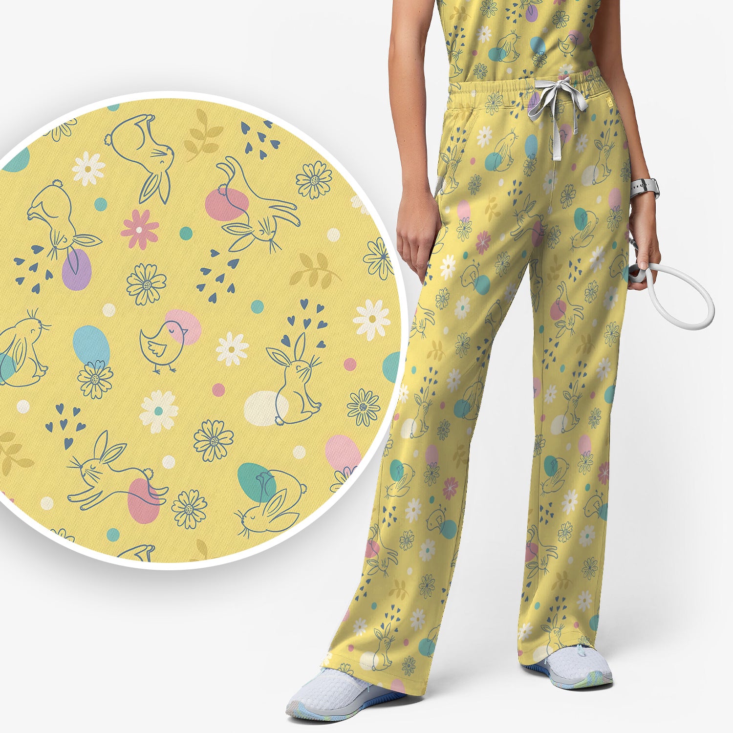 Whimsical Easter Bunny Eggs Pattern Scrub Set, Scrub Pants and V Neck Top