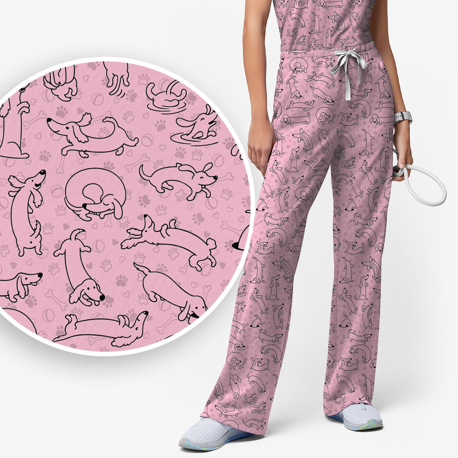 Playful Dachshund Dog Line Art Print Scrub Set, Scrub Pants and V Neck Top