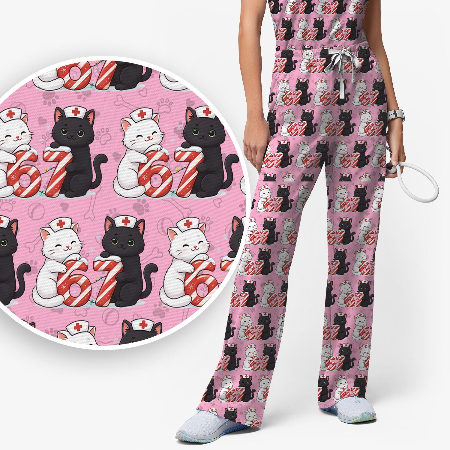 Xmas Cat Pattern Scrub Set, Christmas Nurse Six Seven With Cat Scrub Shirt, Breathable Fabrics Nursing Uniform