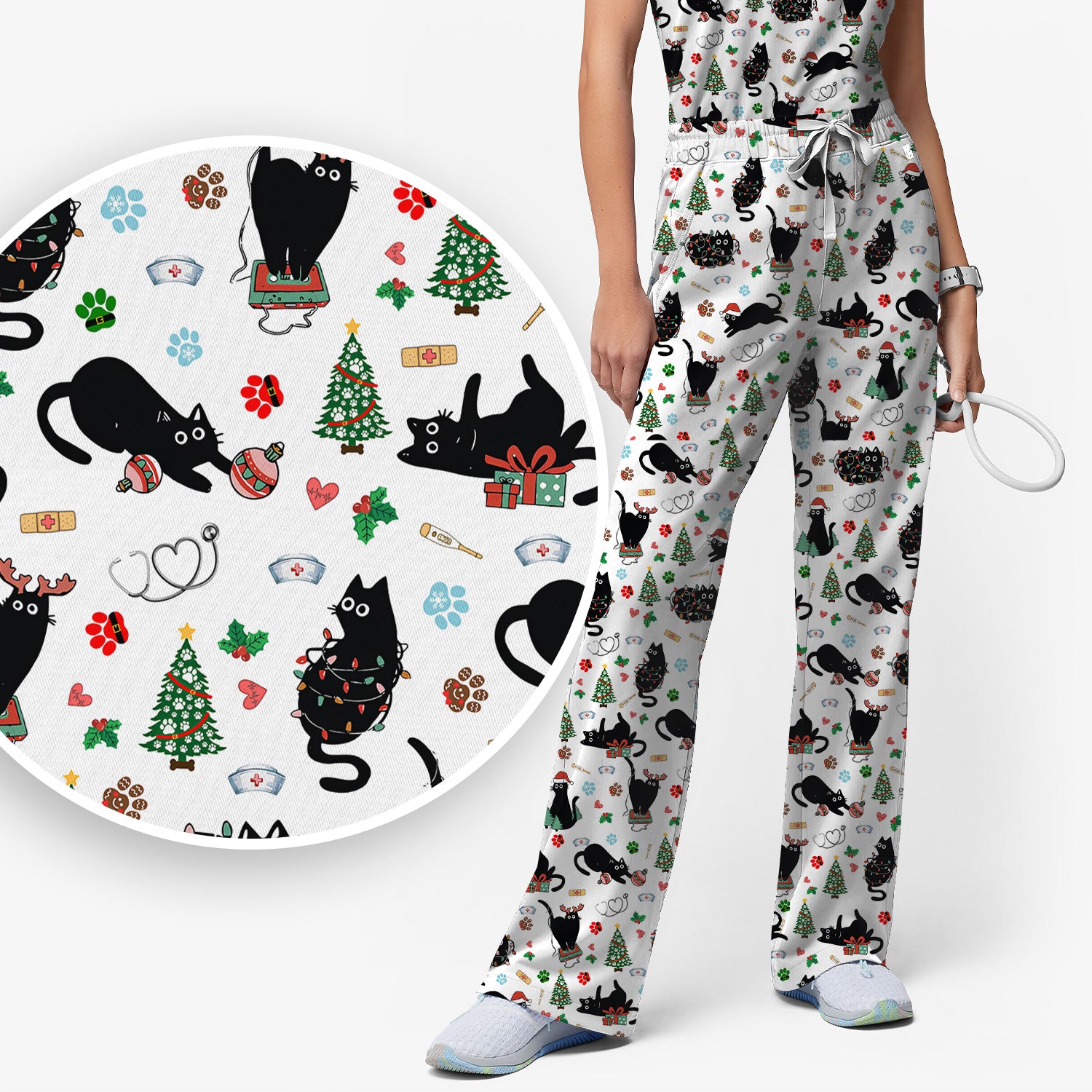 Black Cat Christmas Nurse Scrub Set, Festive Kitty Medical Uniform for Women
