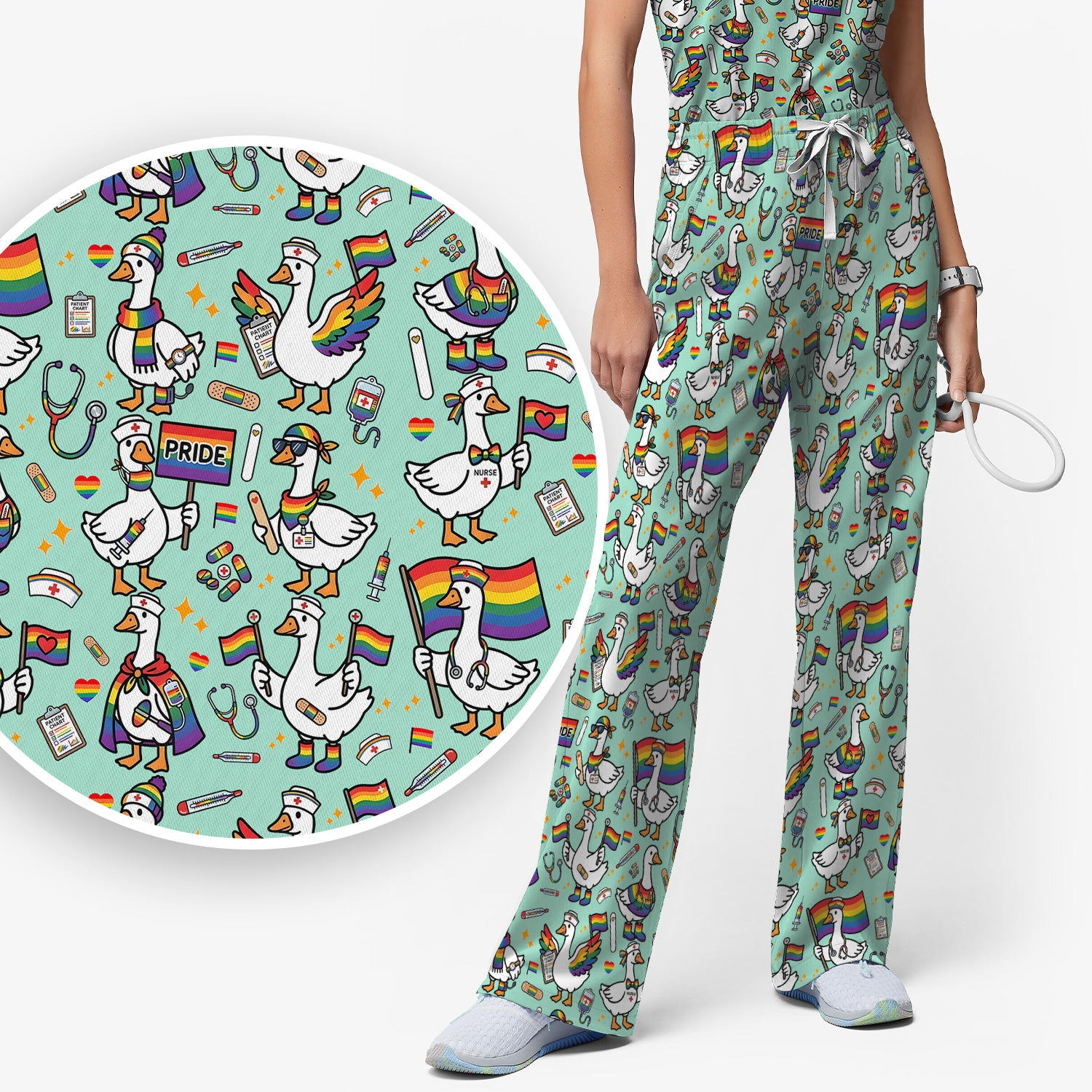 LGBT Pride Nurse Duck Pattern Scrub Set, Breathable Med Uniform