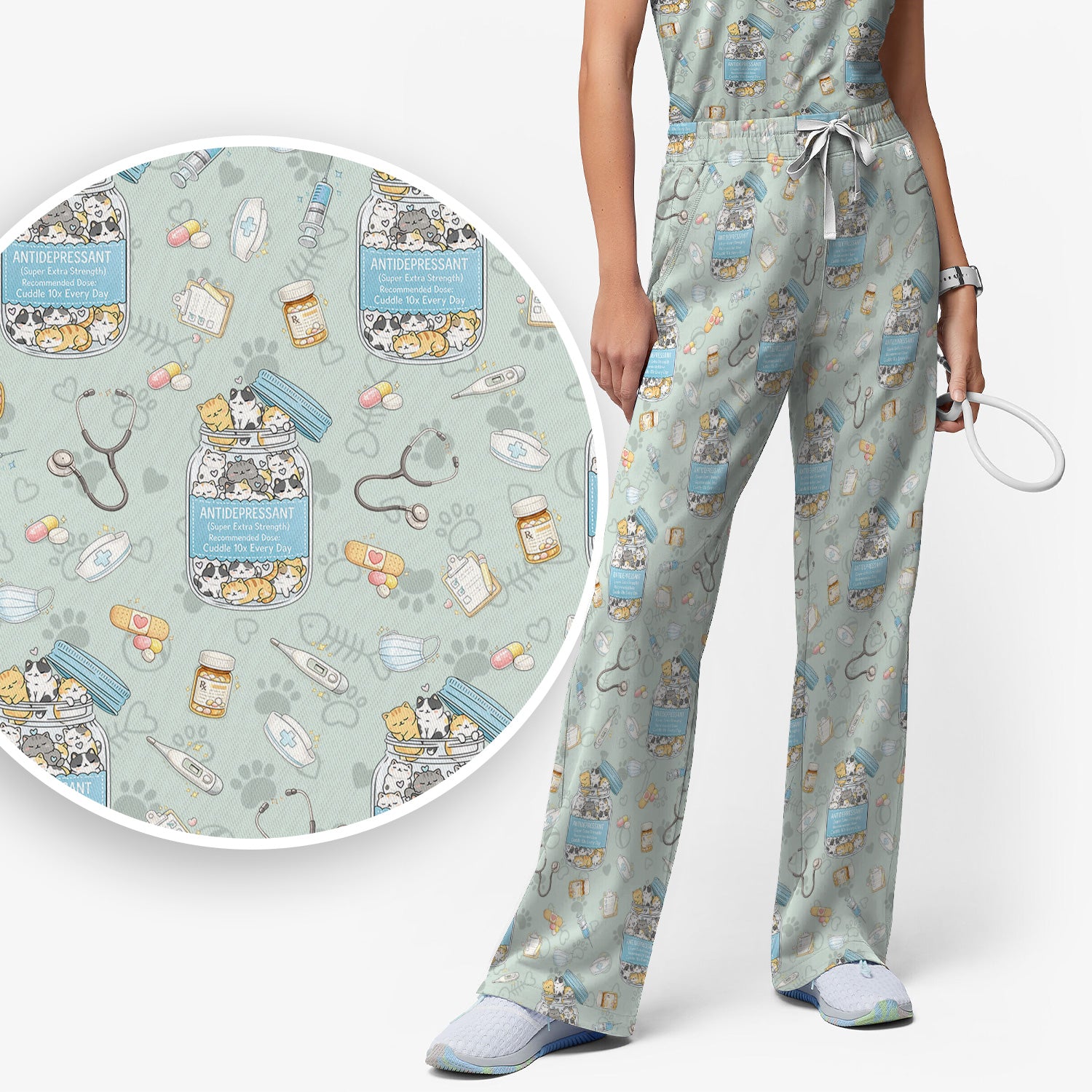 Cute Antidepressant Cat Jar Print Women's Scrub Set, Breathable Med Uniform