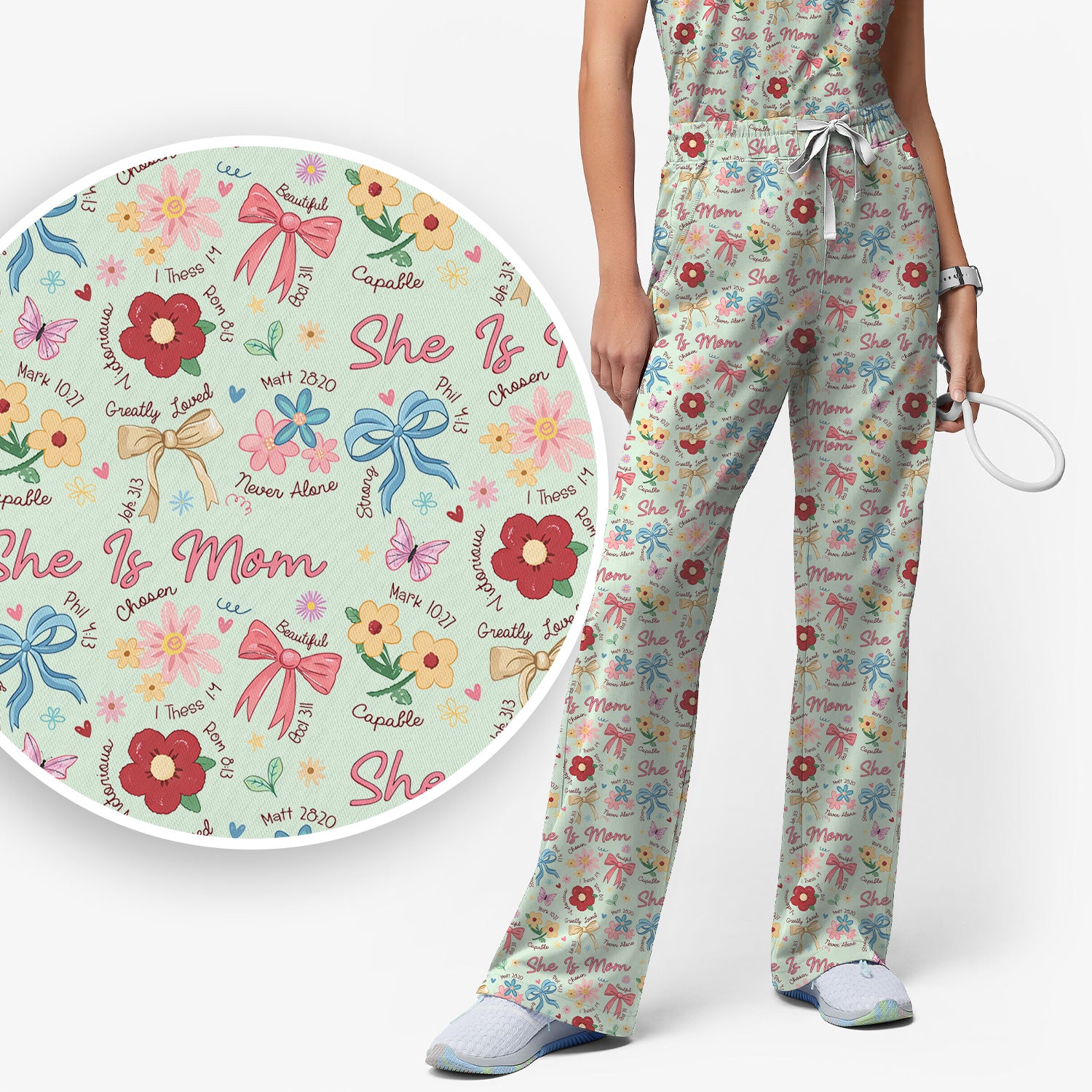 She Is Mom Flower Bow Pattern Scrub Set, Scrub Pants and V Neck Top