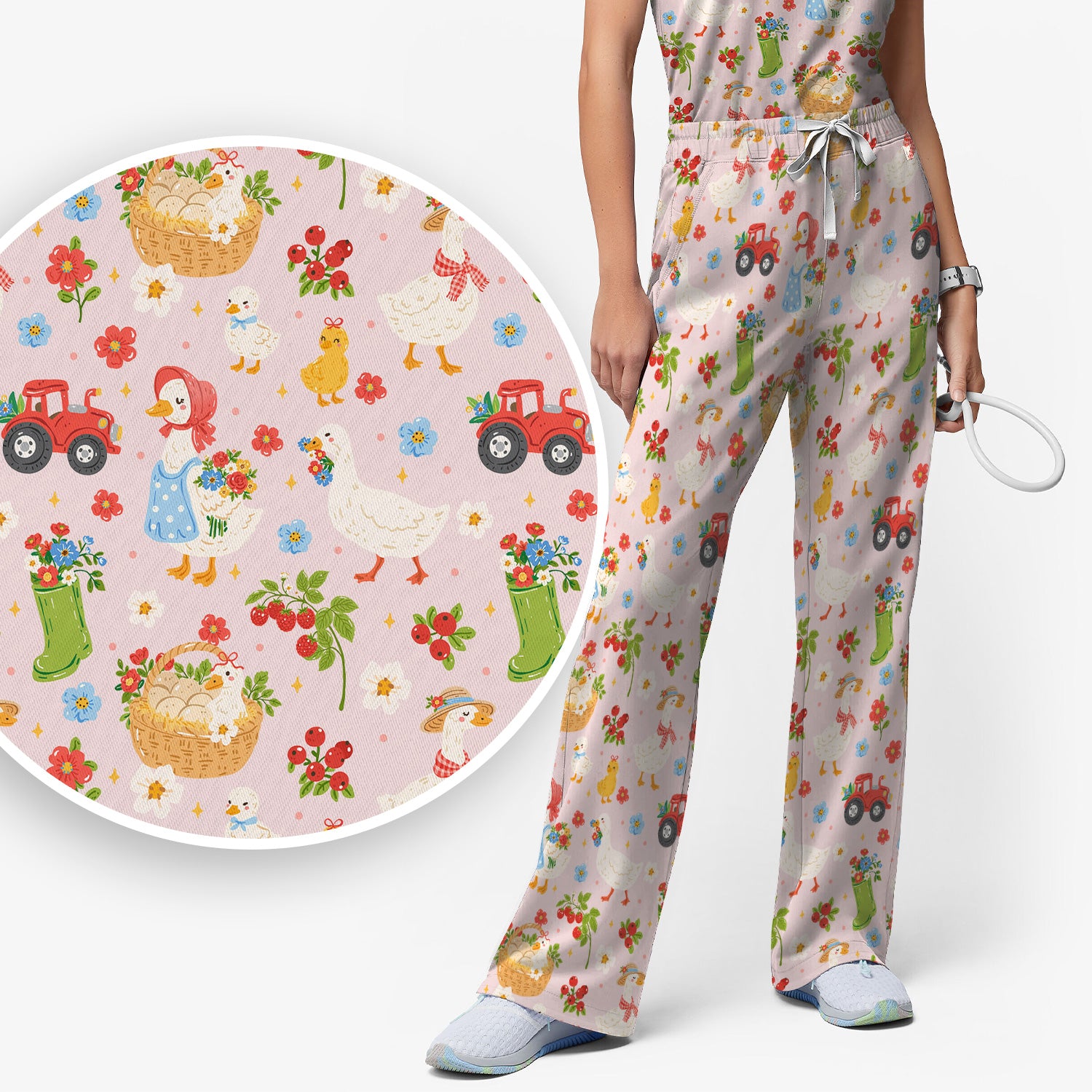 Farm Duck Chicken Tractor Flower Basket Scrub Top, Breathable Fabrics Nursing Uniform