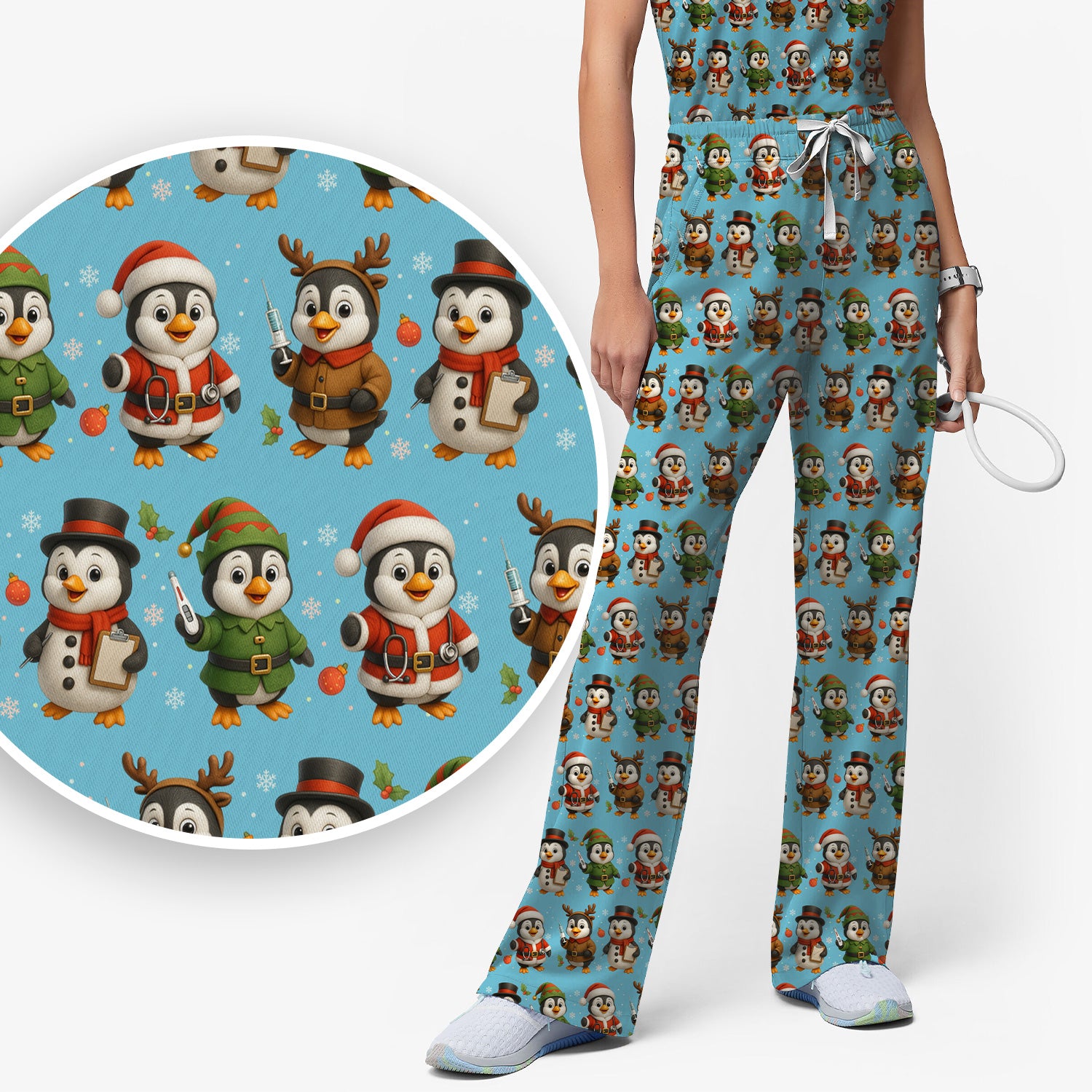 Penguin Christmas Scrubs Set - Adorable Holiday Pattern Scrub Top & Pants - Cute Penguin Scrubs for Women Christmas Season