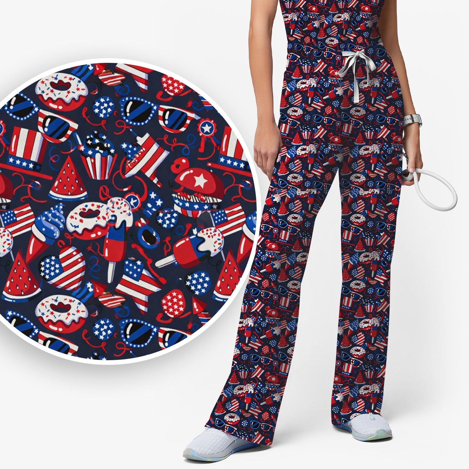 Cute Patriotic Print V Neck Scrub Set for Healthcare Workers, Red Blue Uniform