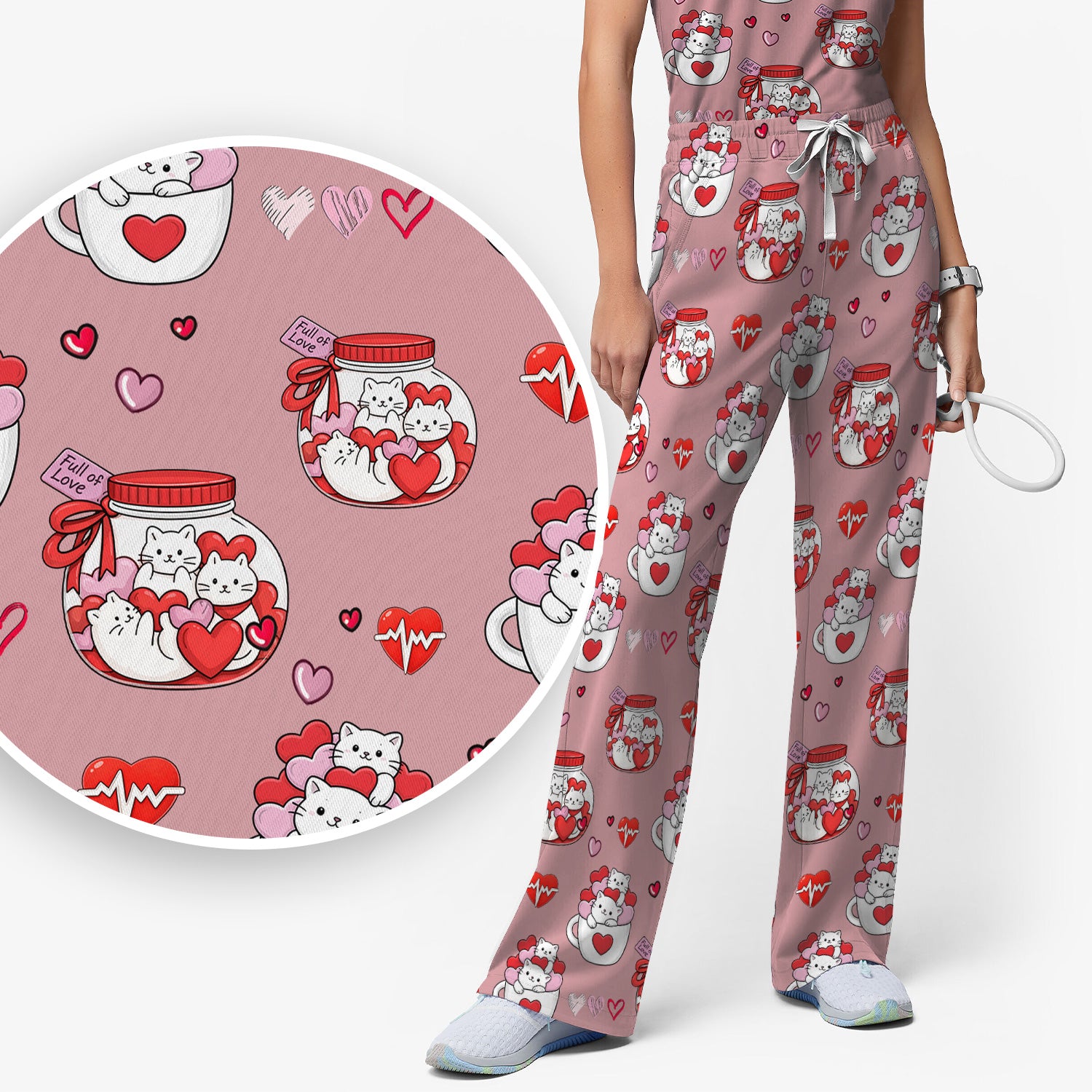 Cute Cat Valentine Nurse Scrub Set, Women's Scrub Sets Breathable Uniform