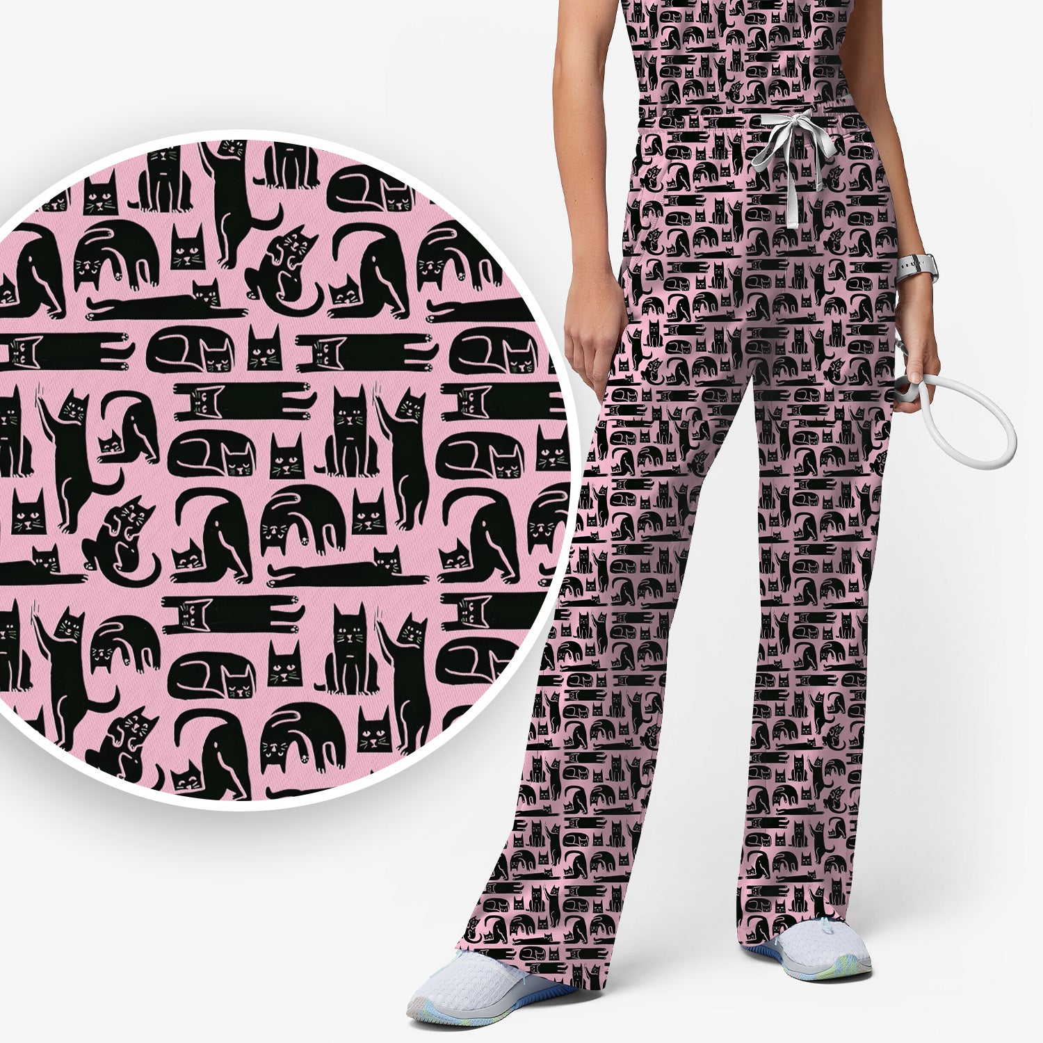 Cute Funny Cat Poses Print Scrub Sets, Scrub Pants and V Neck Top