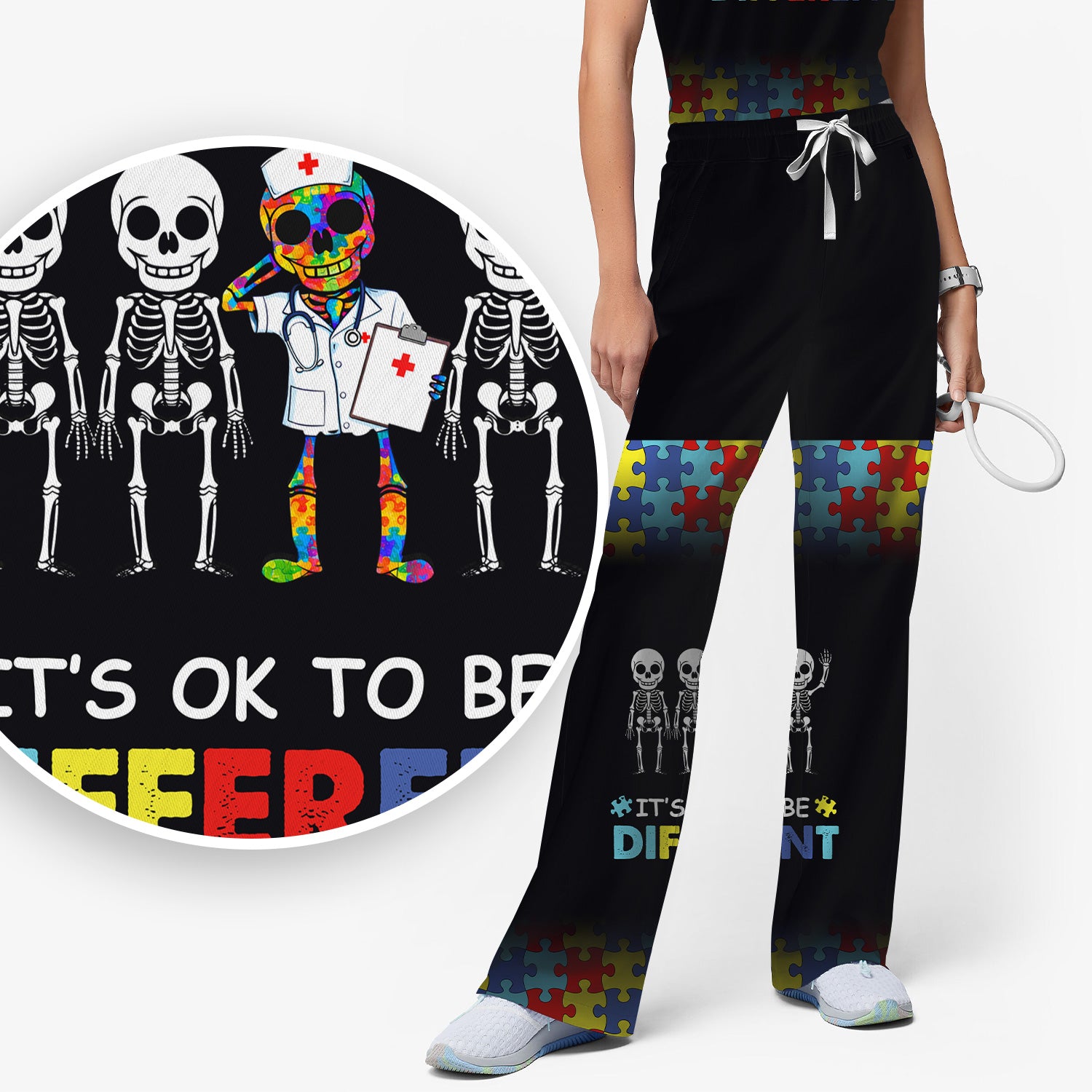 Autism Puzzle Skeleton Nurse It's OK to Be Different Scrub, Women's Scrub Sets