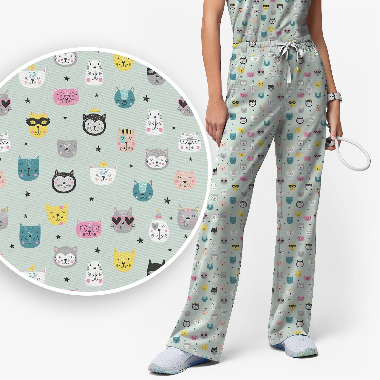 Cute Colorful Cat Pattern Women's Scrub Sets, Breathable Med Uniform